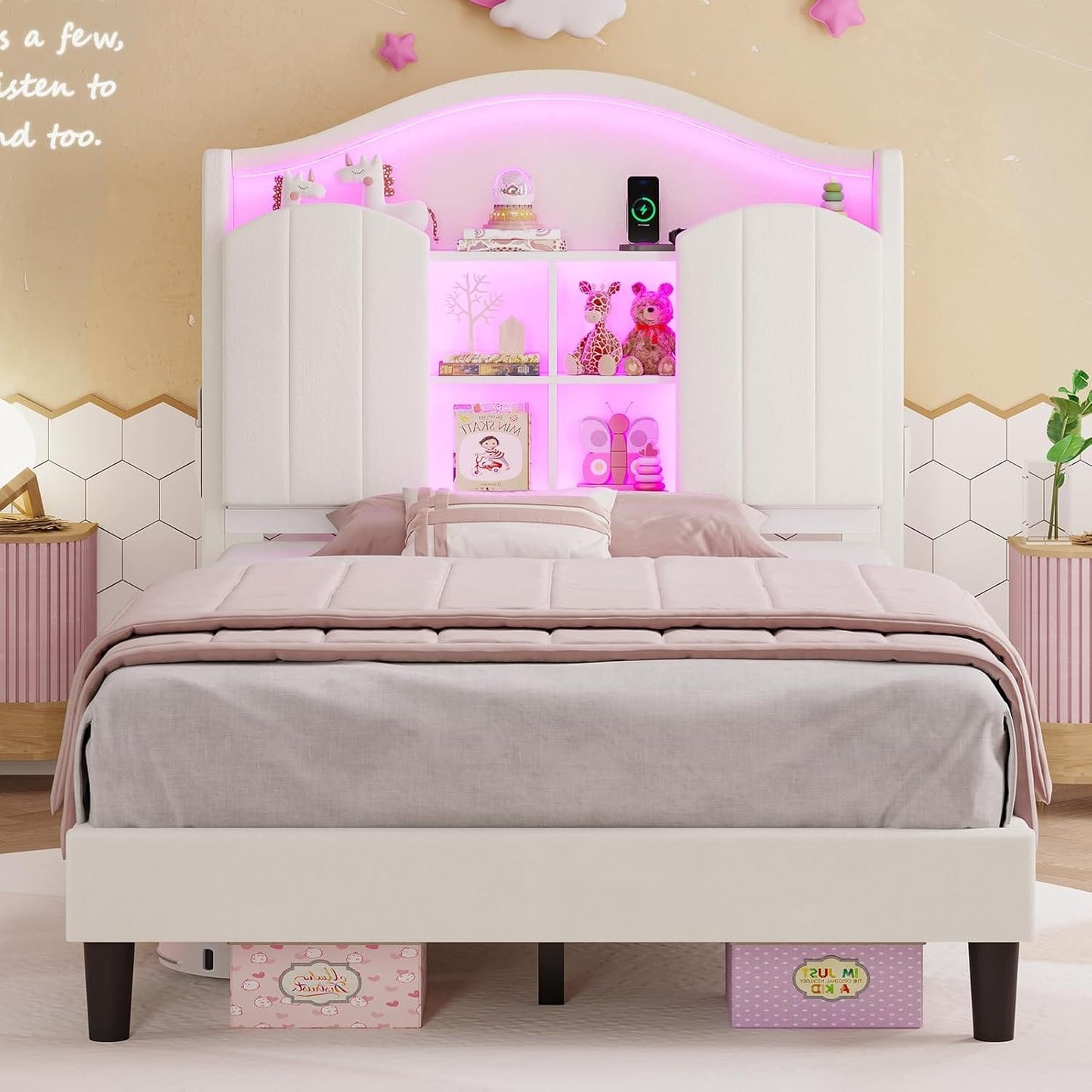 Twin Size LED Bed Frame with Charging Station and Storage Headboard White