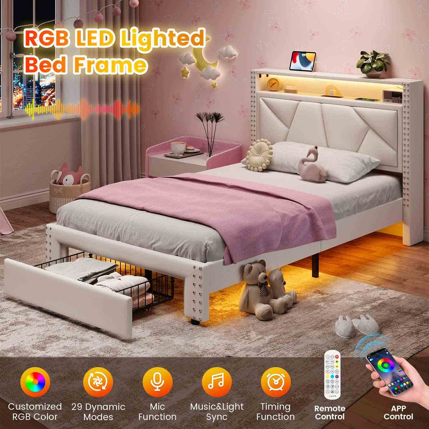 Twin Size Upholstered LED Bed Frame White