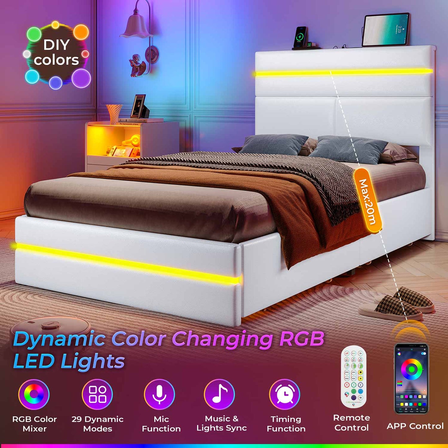Twin Size PU Leather Upholstered LED Bed Frame White