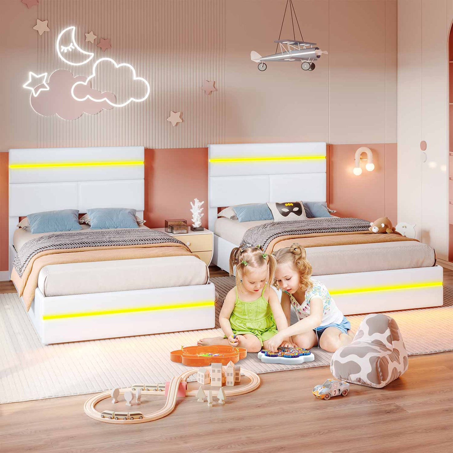 Twin Size PU Leather Upholstered LED Bed Frame White