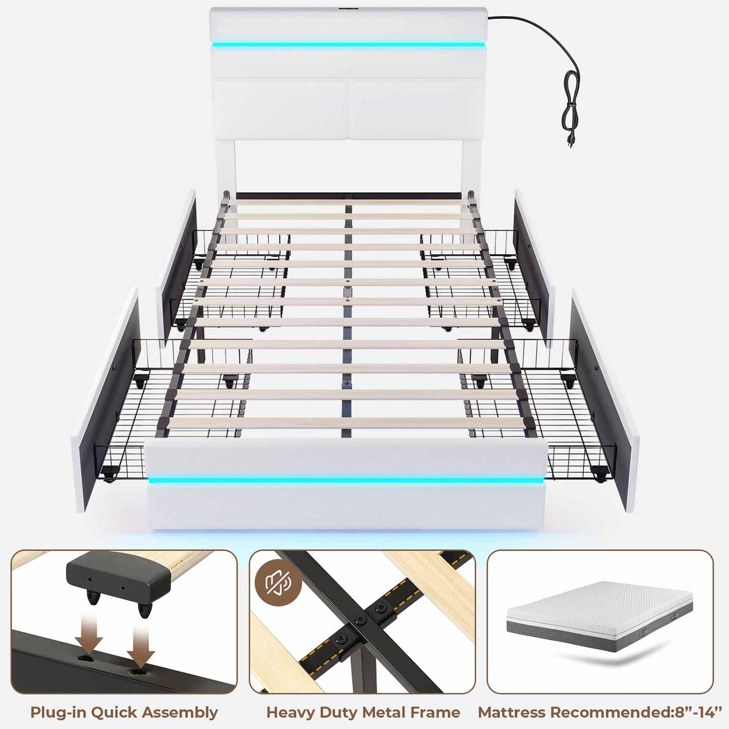 Twin Size PU Leather Upholstered LED Bed Frame White
