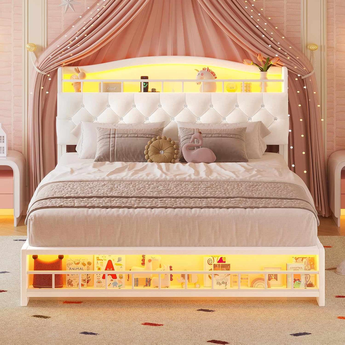 Queen Princess Velvet Upholstered LED Bed Frame White