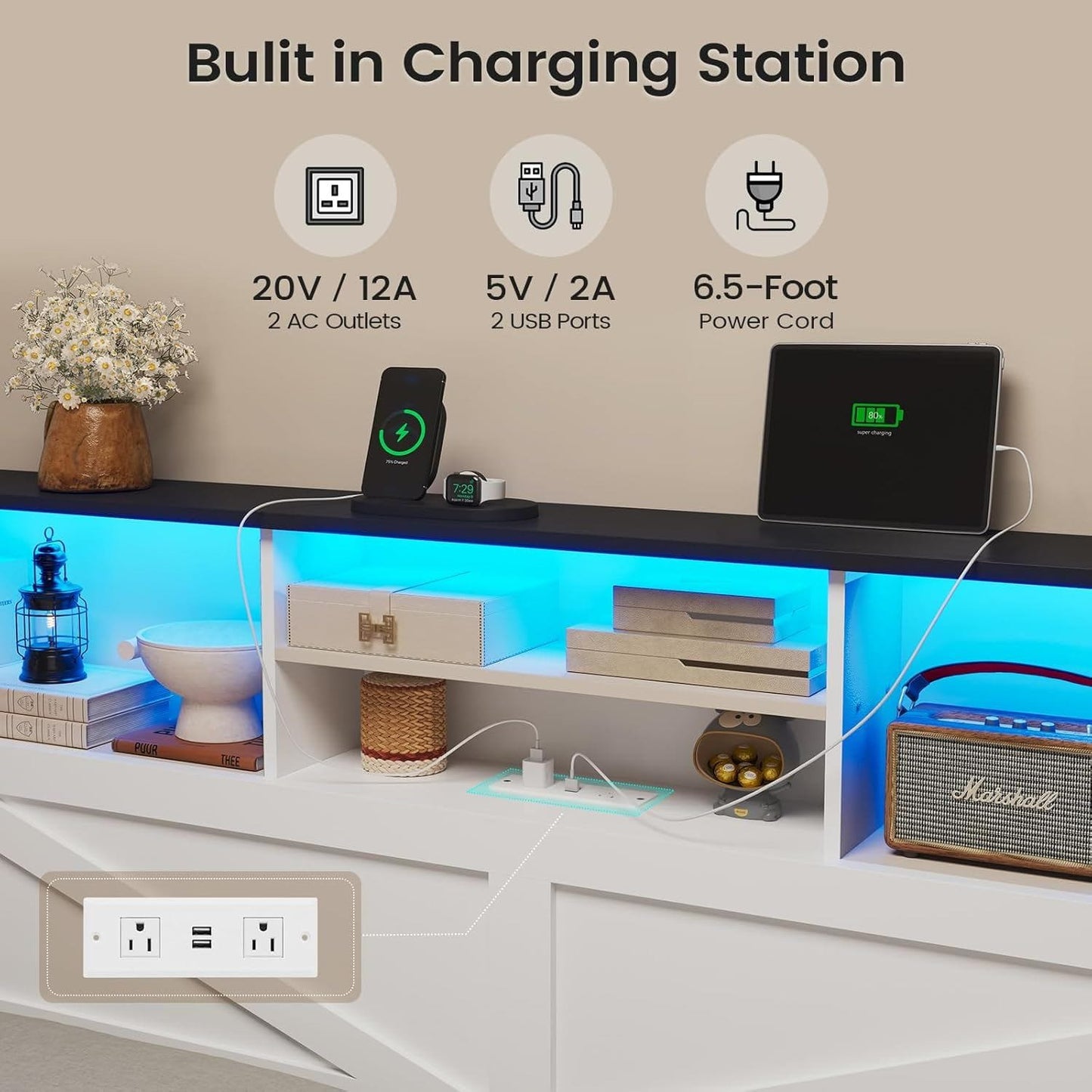 Queen Size Bed Frame with 4 Storage Drawers and Charging Station White