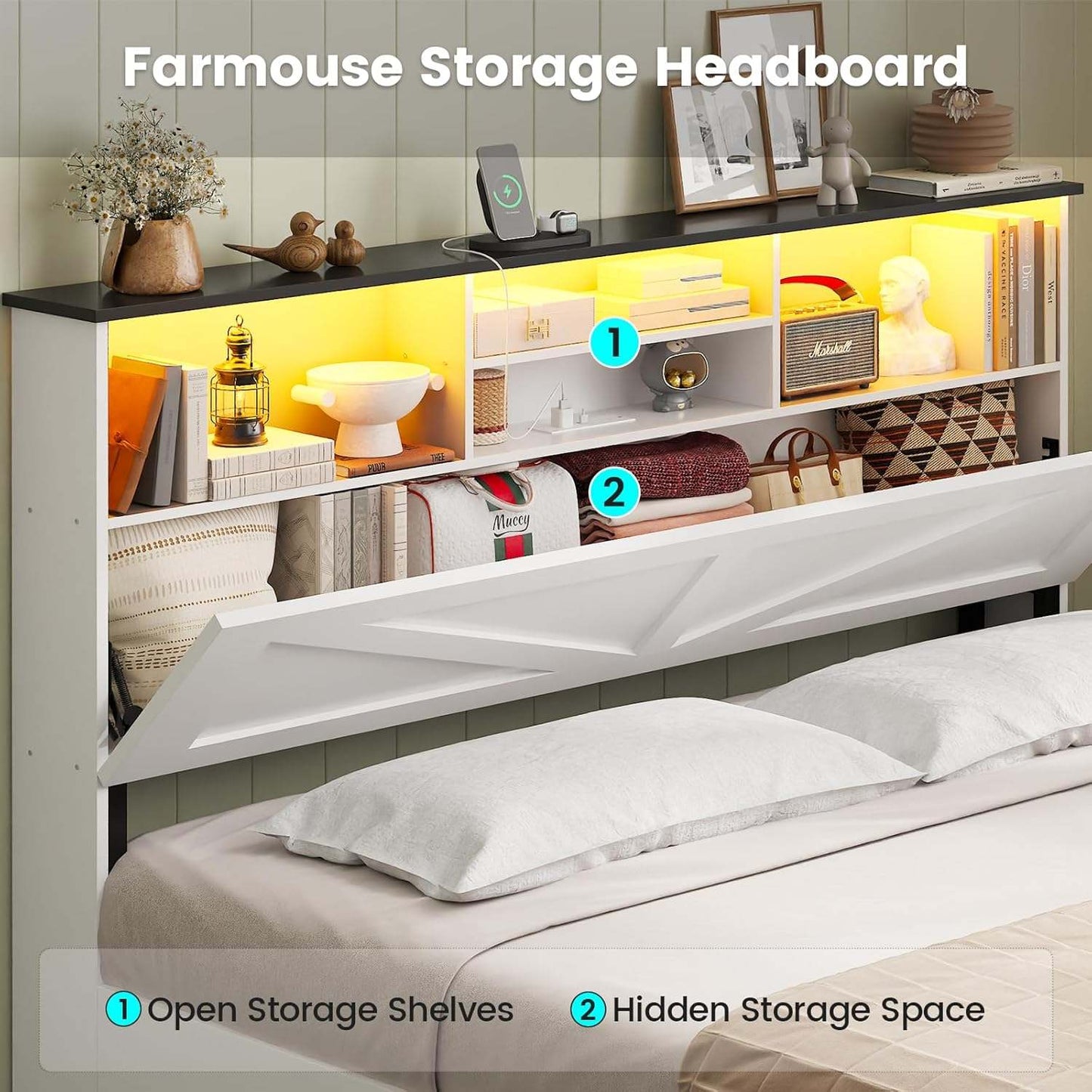 Queen Size Bed Frame with 4 Storage Drawers and Charging Station White