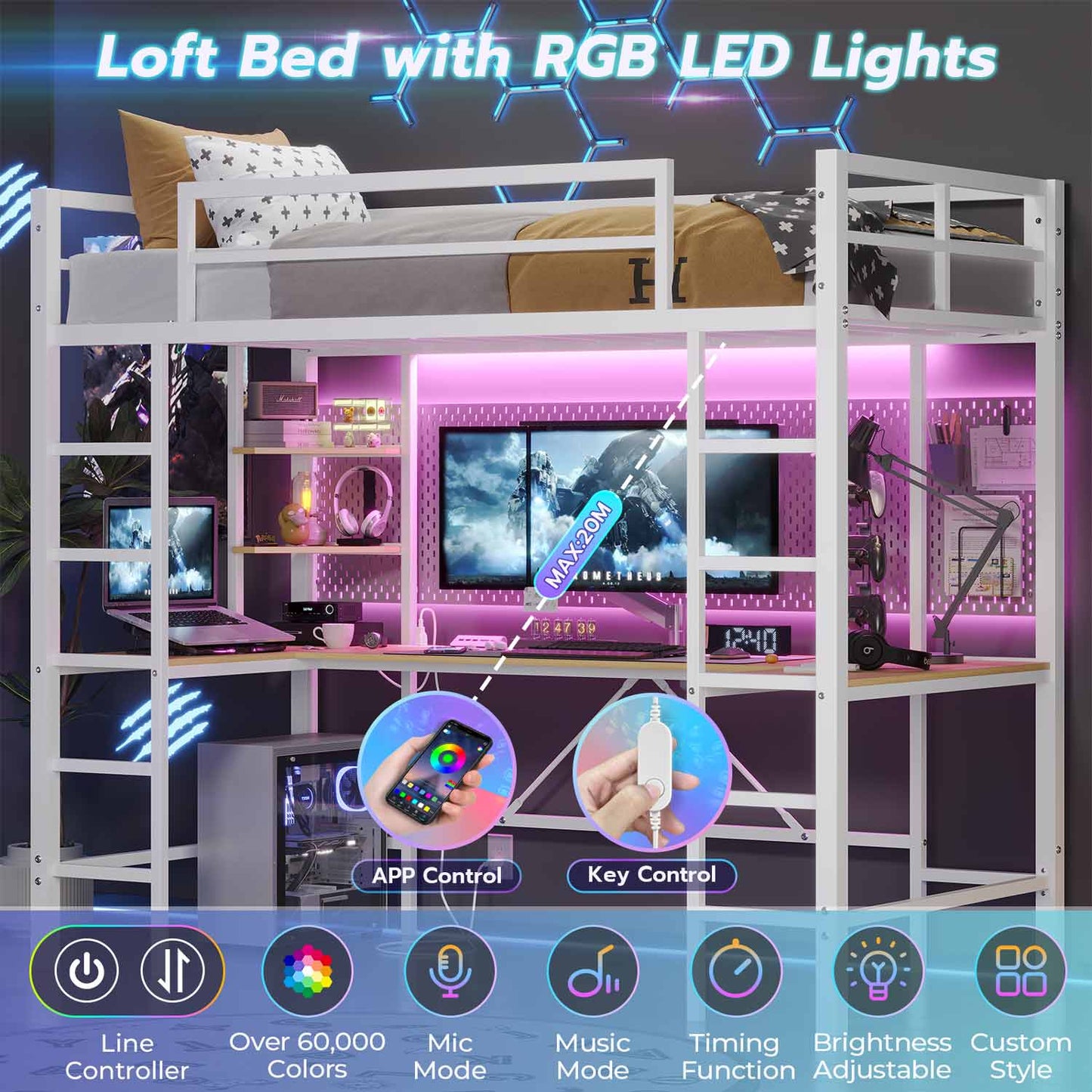 LED Twin Size Metal Loft Bed Frame with U Shaped Desk White