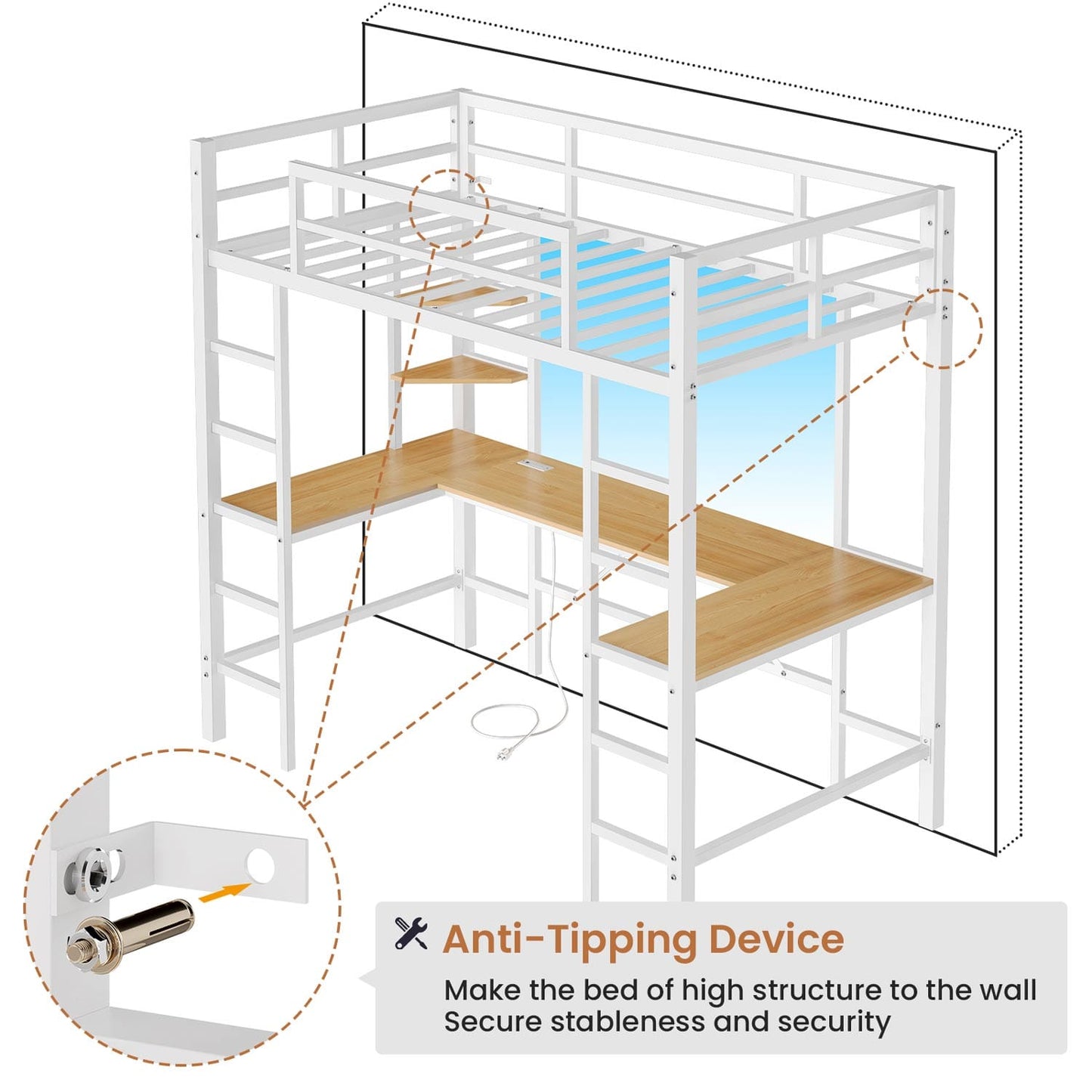 LED Twin Size Metal Loft Bed Frame with U Shaped Desk White