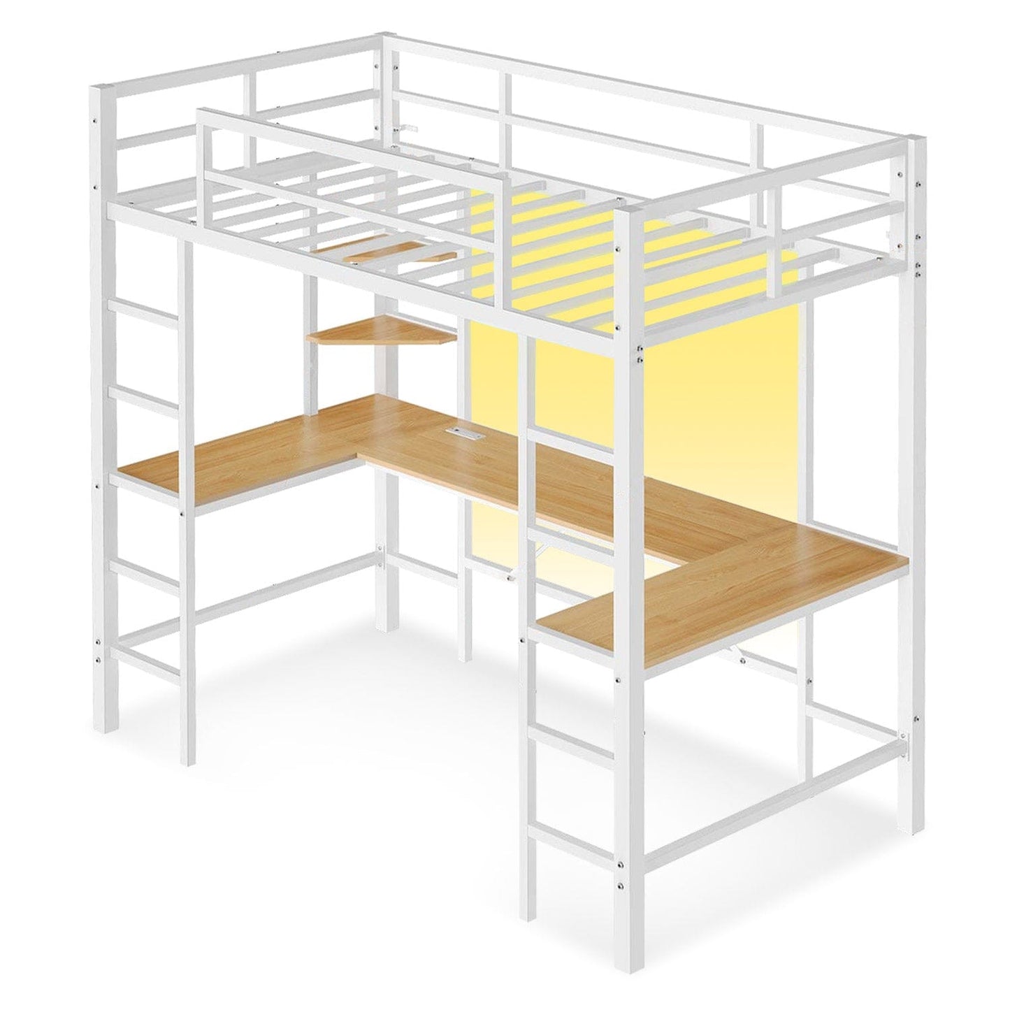 LED Twin Size Metal Loft Bed Frame with U Shaped Desk White