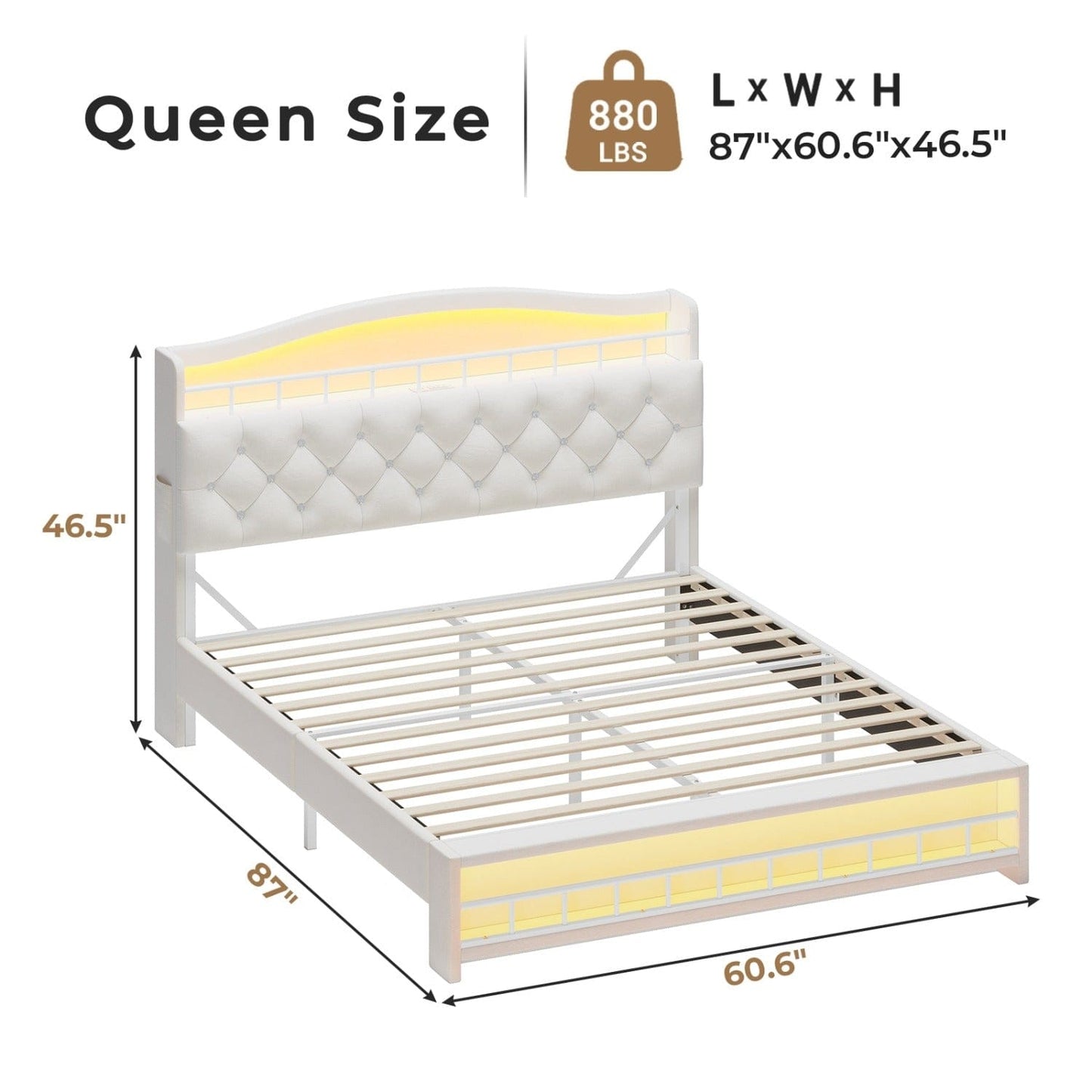 Queen Princess Velvet Upholstered LED Bed Frame White