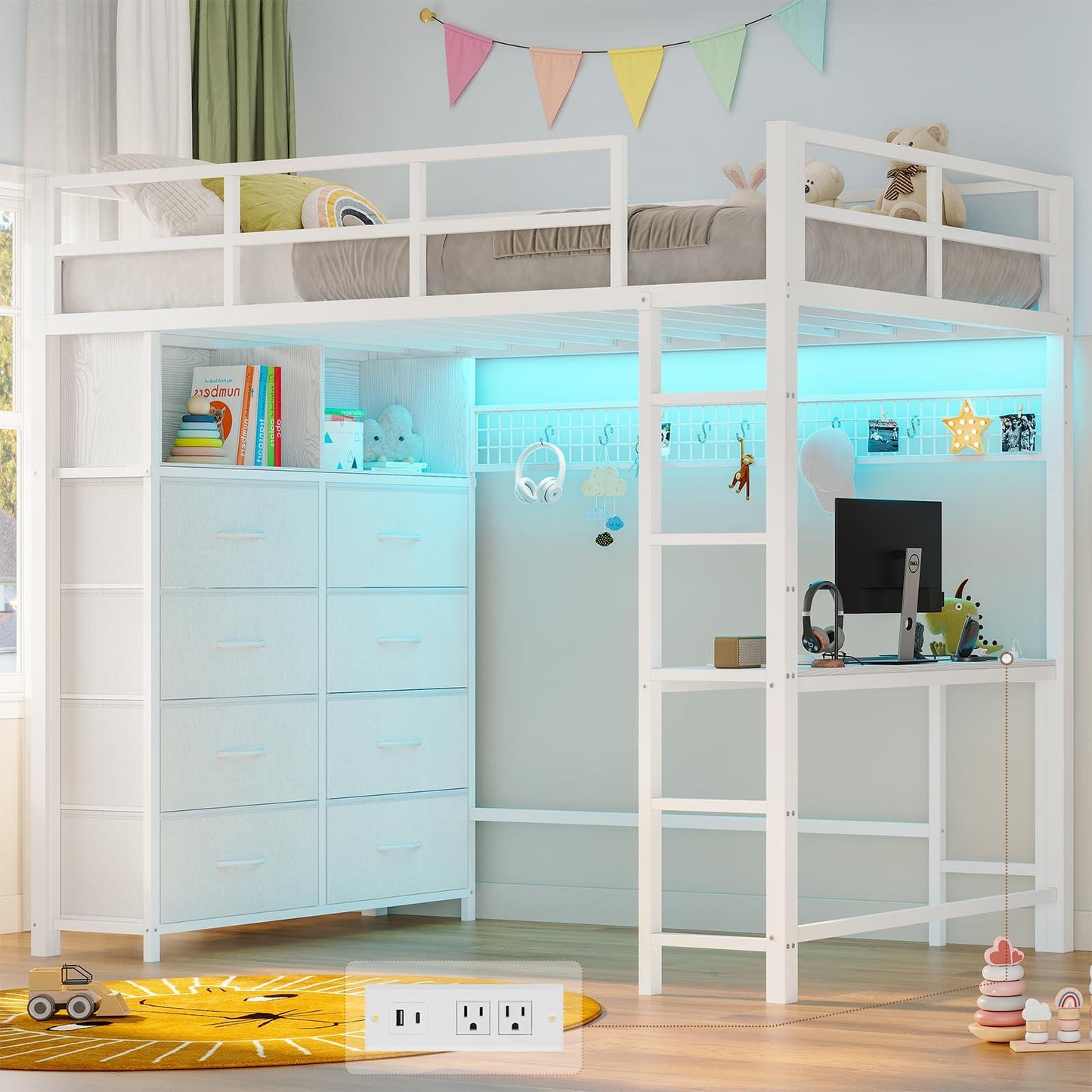 Twin Size LED Loft Bed Frame with Desk and 8 Drawers White