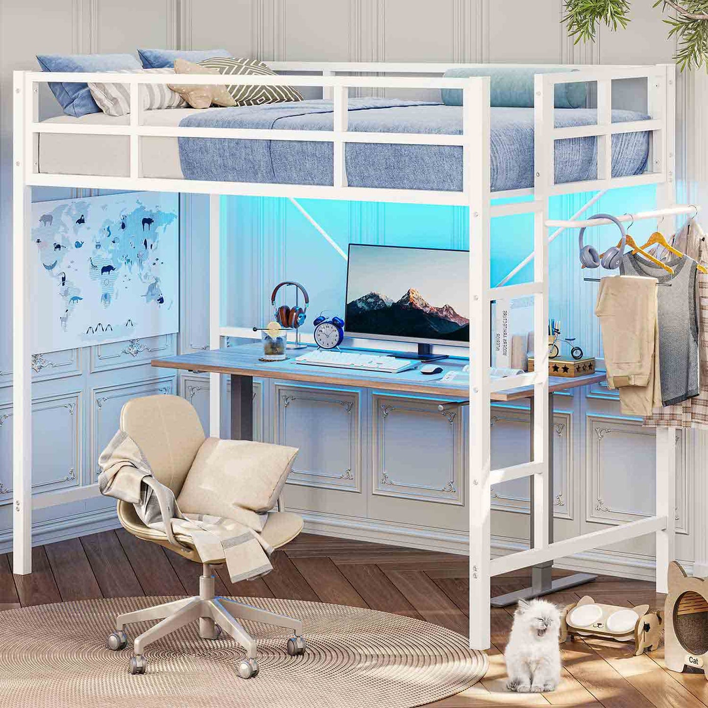 Metal Loft Bed Frame with LED Lights White