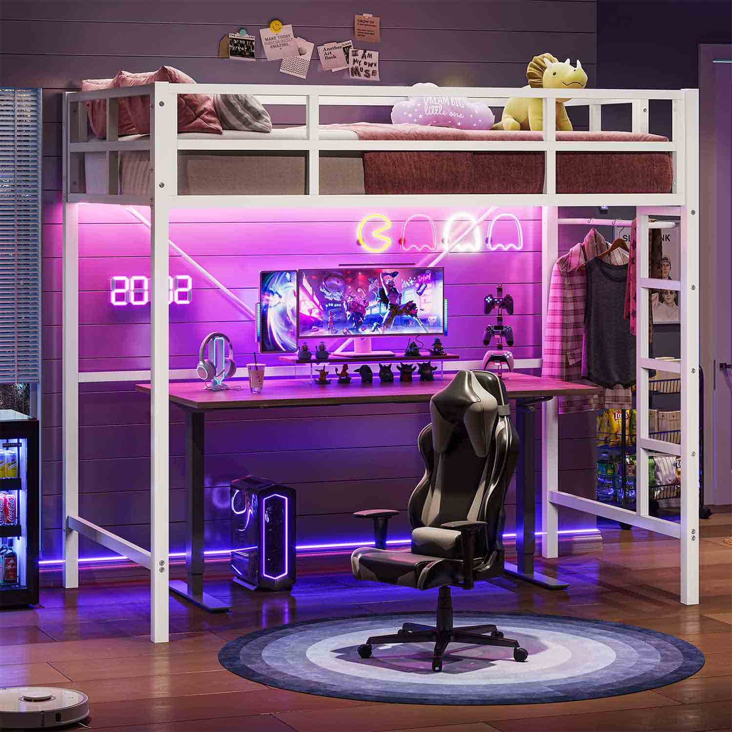 Metal Loft Bed Frame with LED Lights White