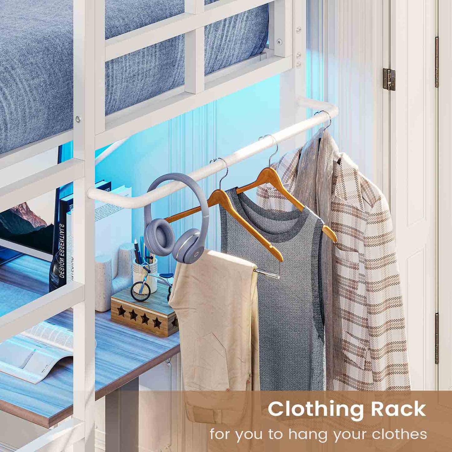 Metal Loft Bed Frame with LED Lights White