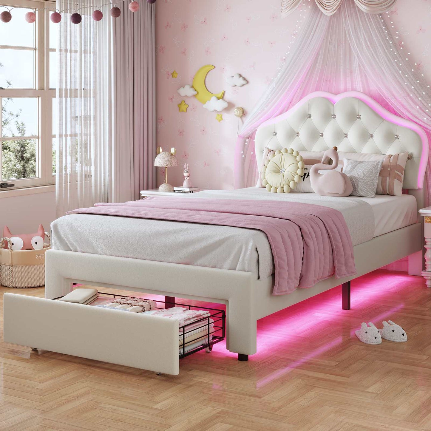 Twin Size Velvet Princess LED Bed Frame White