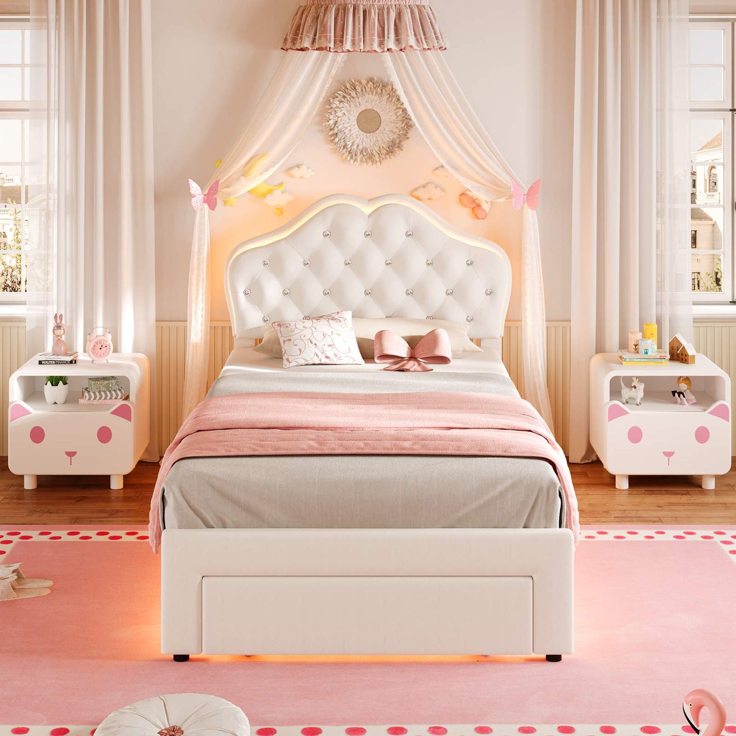 Twin Size Velvet Princess LED Bed Frame White