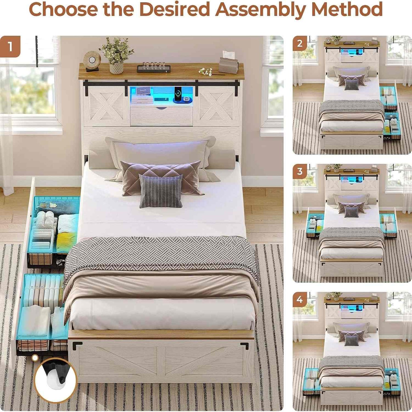 Twin Size Bed Frame with 2 Storage Drawers and LED Lights White
