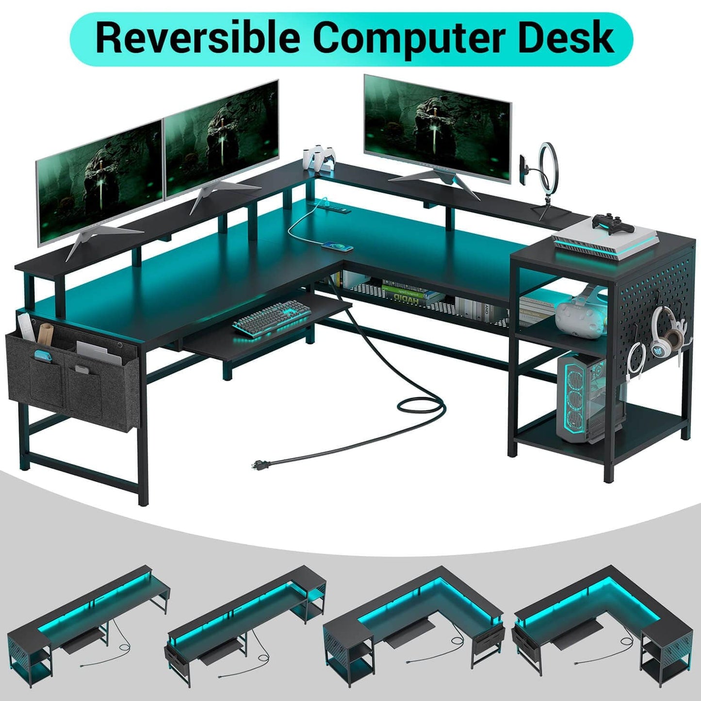 96 Inches L Shaped Reversible LED Gaming Desk Black