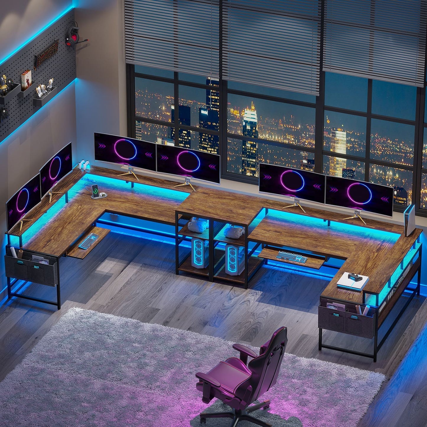 96 Inches L Shaped Reversible LED Gaming Desk Brown