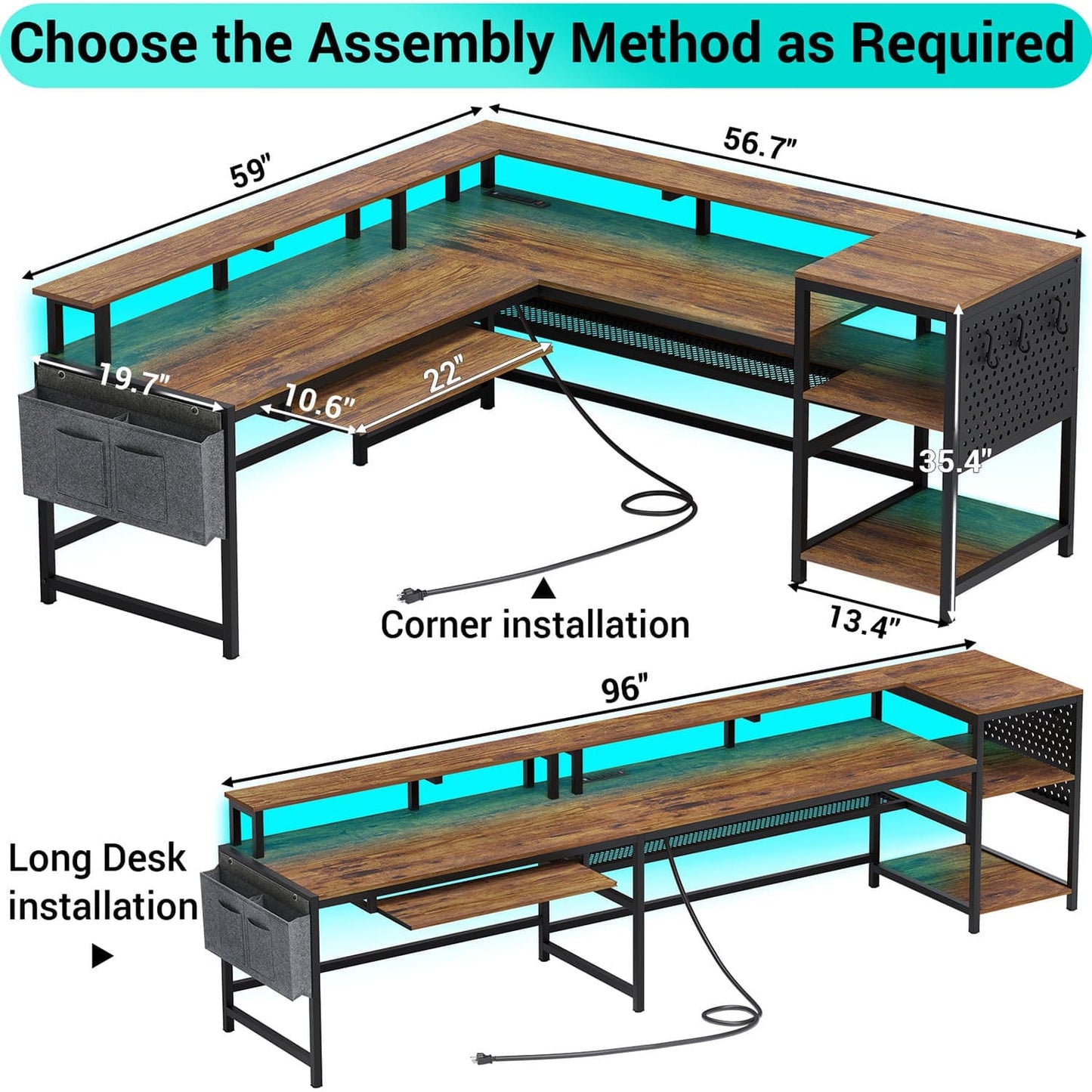 96 Inches L Shaped Reversible LED Gaming Desk Brown