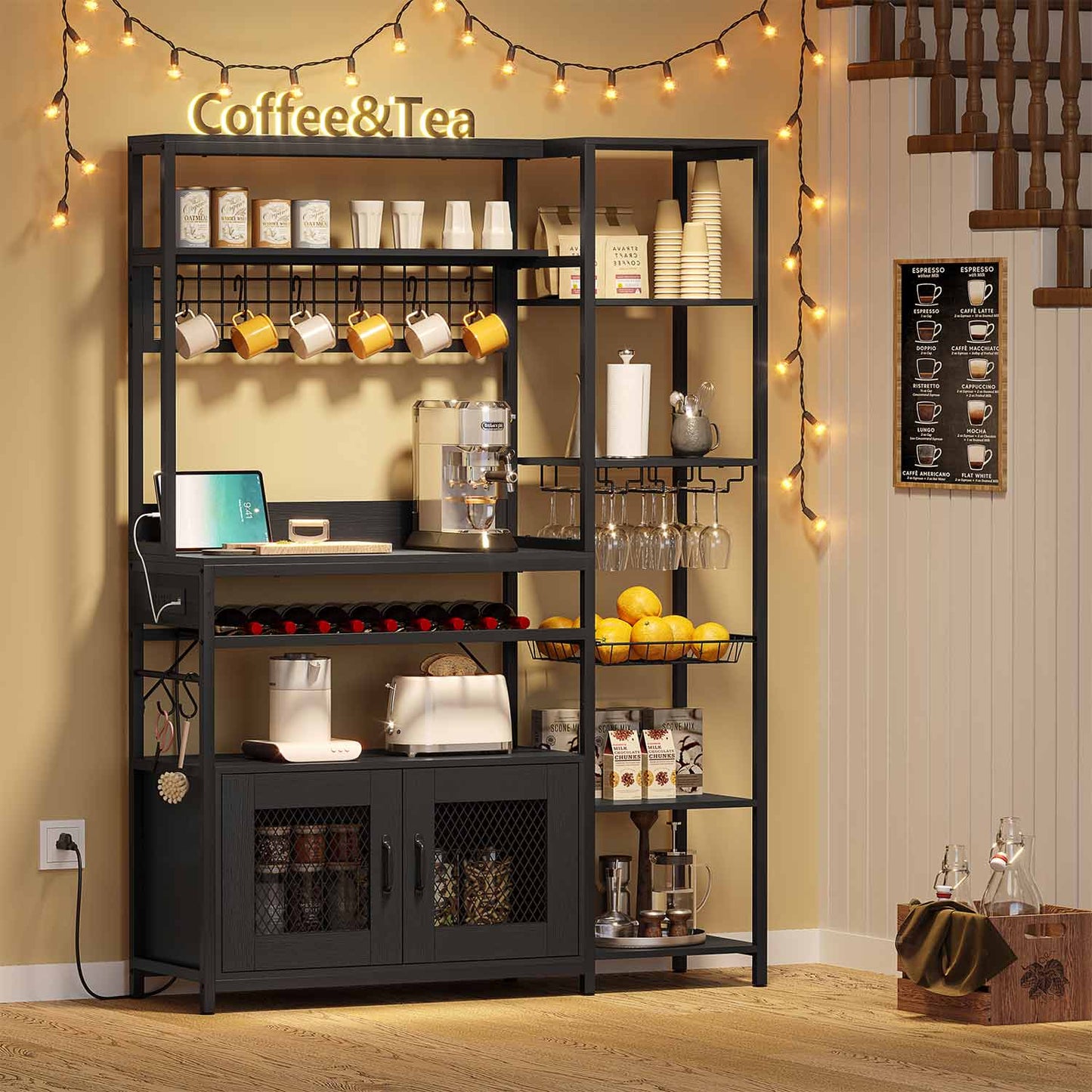 Coffee Bar Bakers Rack Black