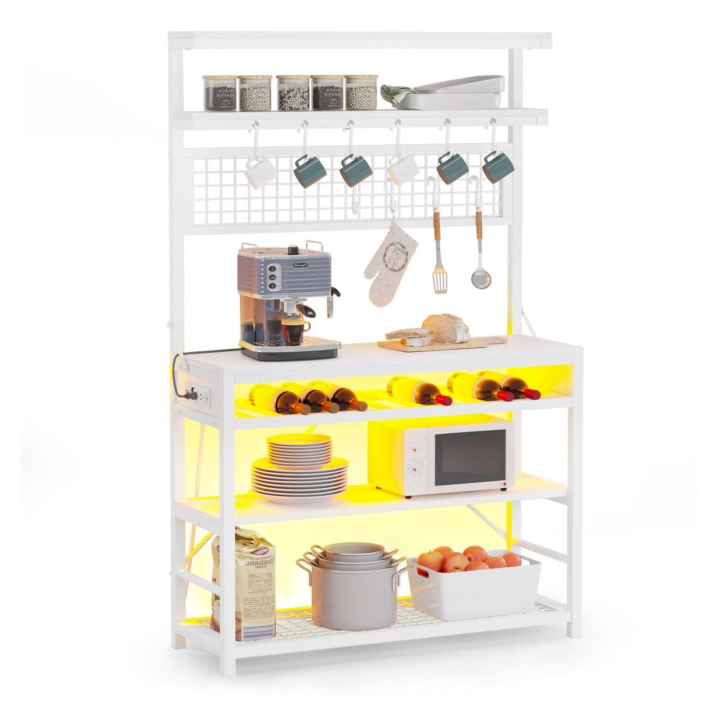 LED Coffee Bar with Power Outlet Open Storage White