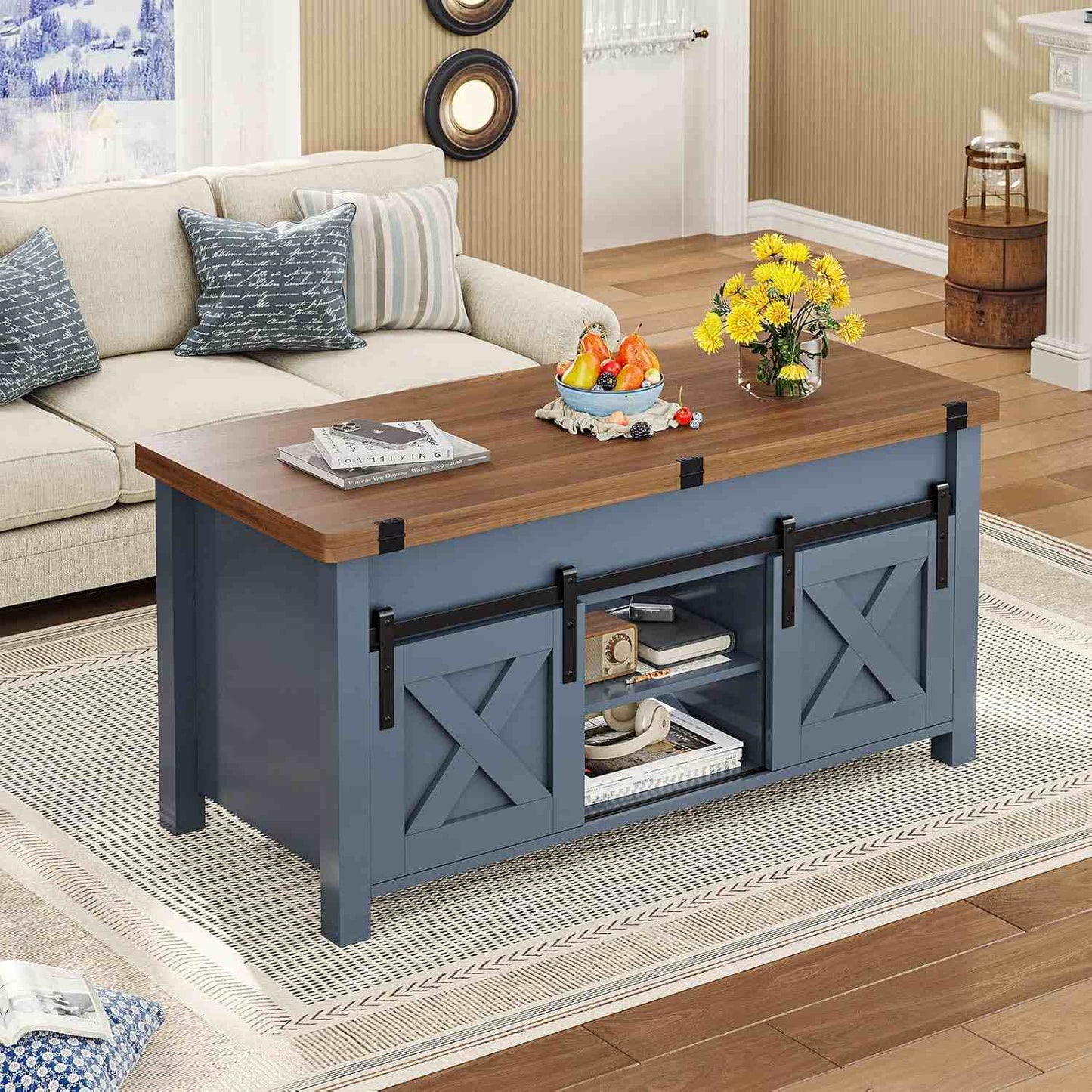 4 in 1 Multi-Function Lift Top Coffee Table with Storage and Hidden Compartment Blue