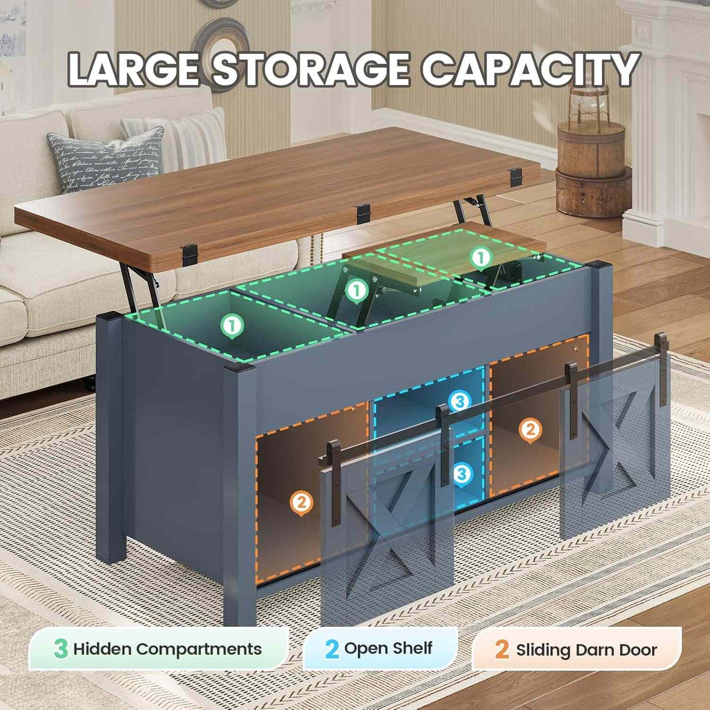 4 in 1 Multi-Function Lift Top Coffee Table with Storage and Hidden Compartment Blue