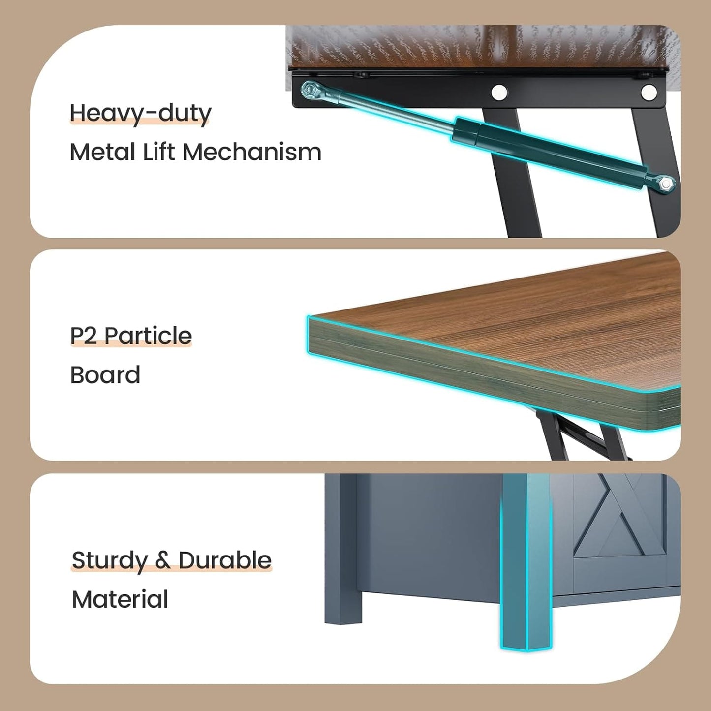 4 in 1 Multi-Function Lift Top Coffee Table with Storage and Hidden Compartment Blue