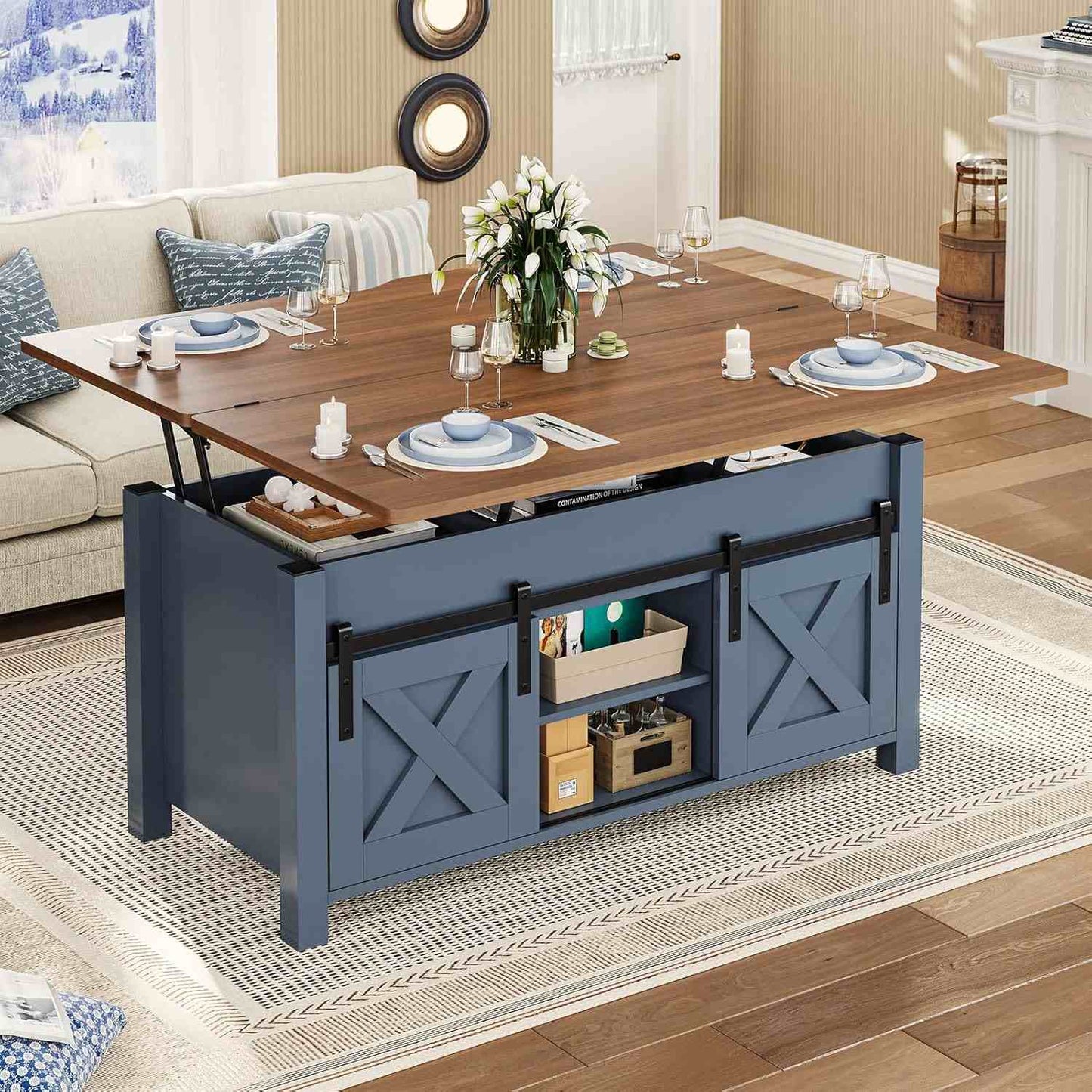 4 in 1 Multi-Function Lift Top Coffee Table with Storage and Hidden Compartment Blue