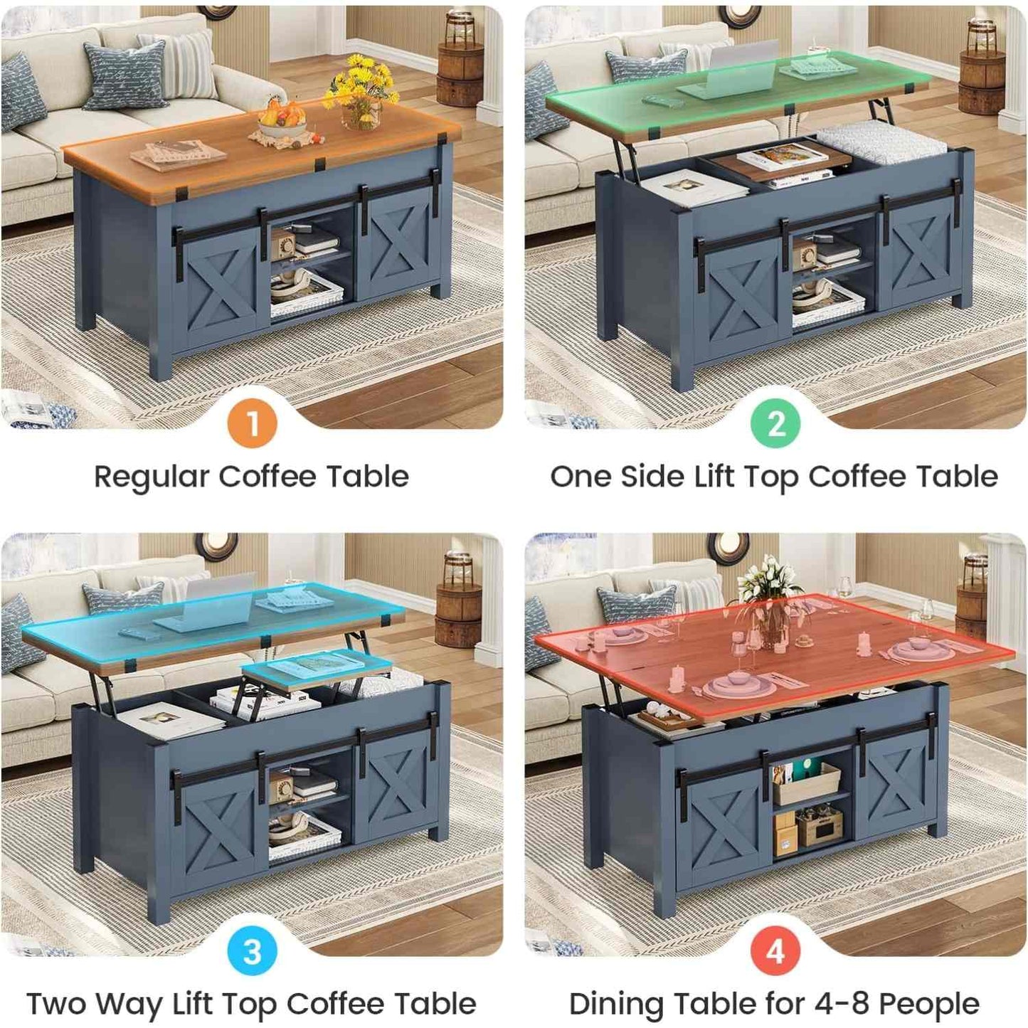 4 in 1 Multi-Function Lift Top Coffee Table with Storage and Hidden Compartment Blue