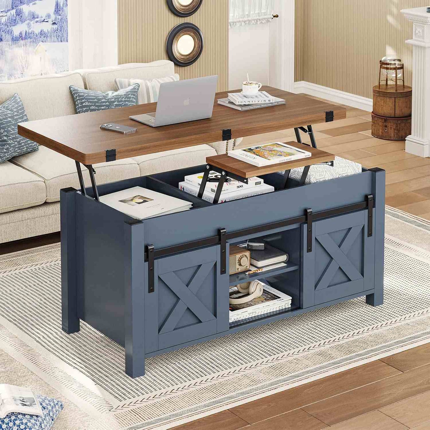4 in 1 Multi-Function Lift Top Coffee Table with Storage and Hidden Compartment Blue