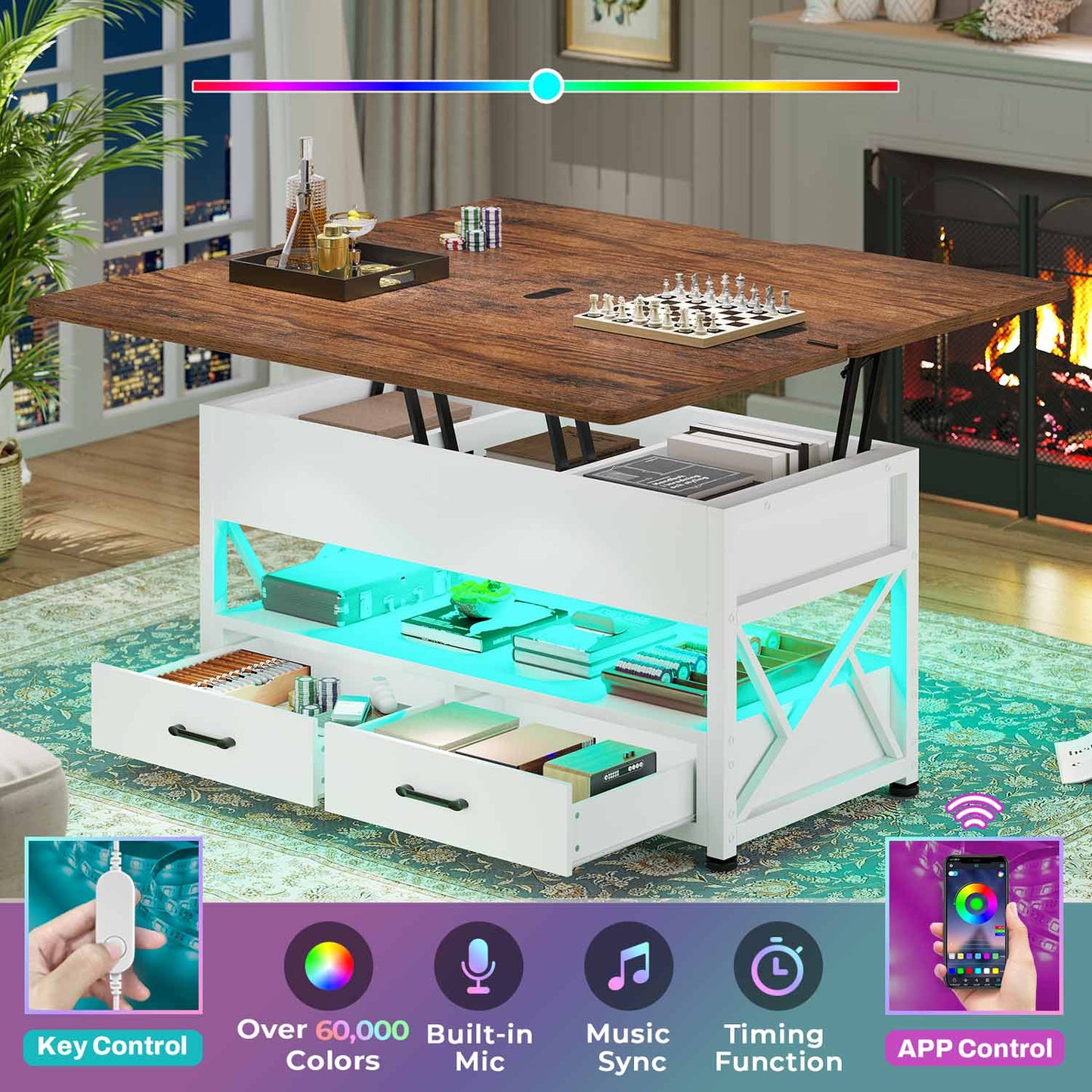 40 Inches Lift Top 4 in 1 LED Coffee Table with 2 Drawers White Brown
