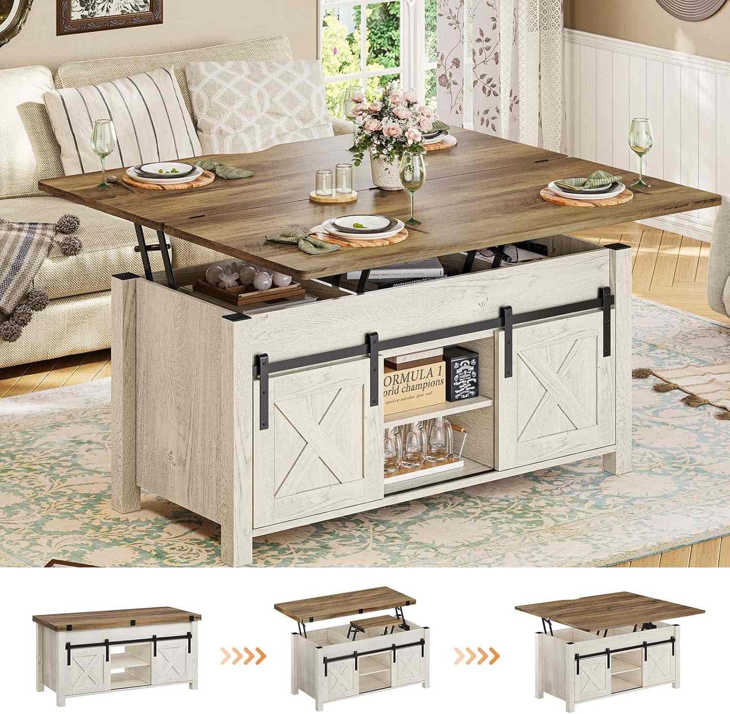 4 in 1 Multi-Function Lift Top Coffee Table with Storage and Hidden Compartment White
