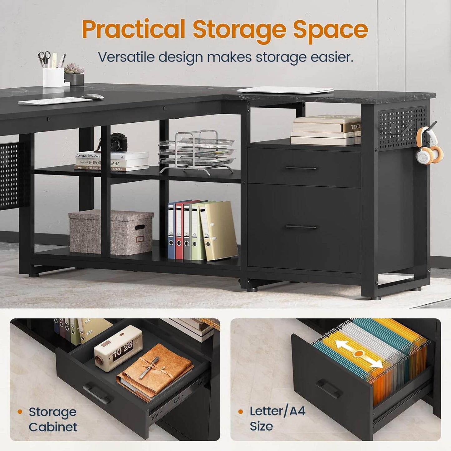 71 in Reversible L Shaped Executive Desk with Power Outlets Black