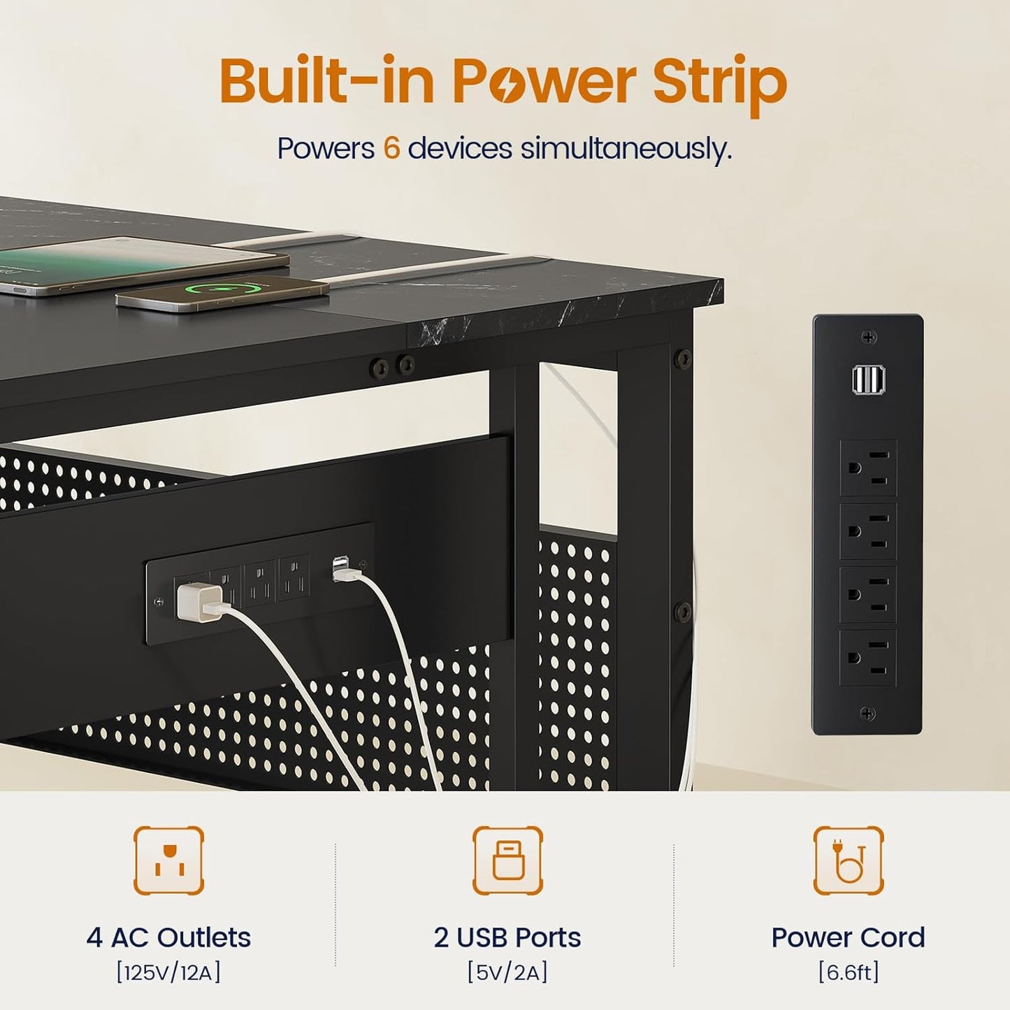 71 in Reversible L Shaped Executive Desk with Power Outlets Black