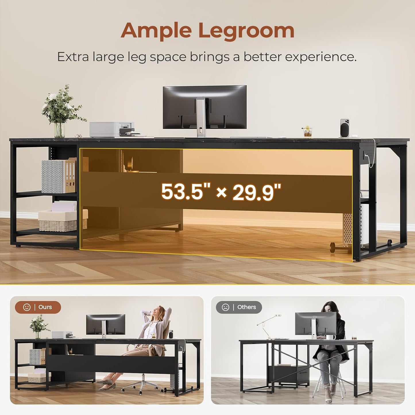 71 in Reversible L Shaped Executive Desk with Widen File Drawers and Power Outlets Black