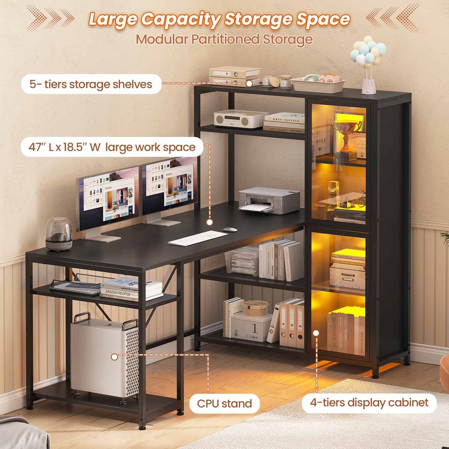 59 Inches LED L Shaped Gaming Desk with Storage Shelves Black