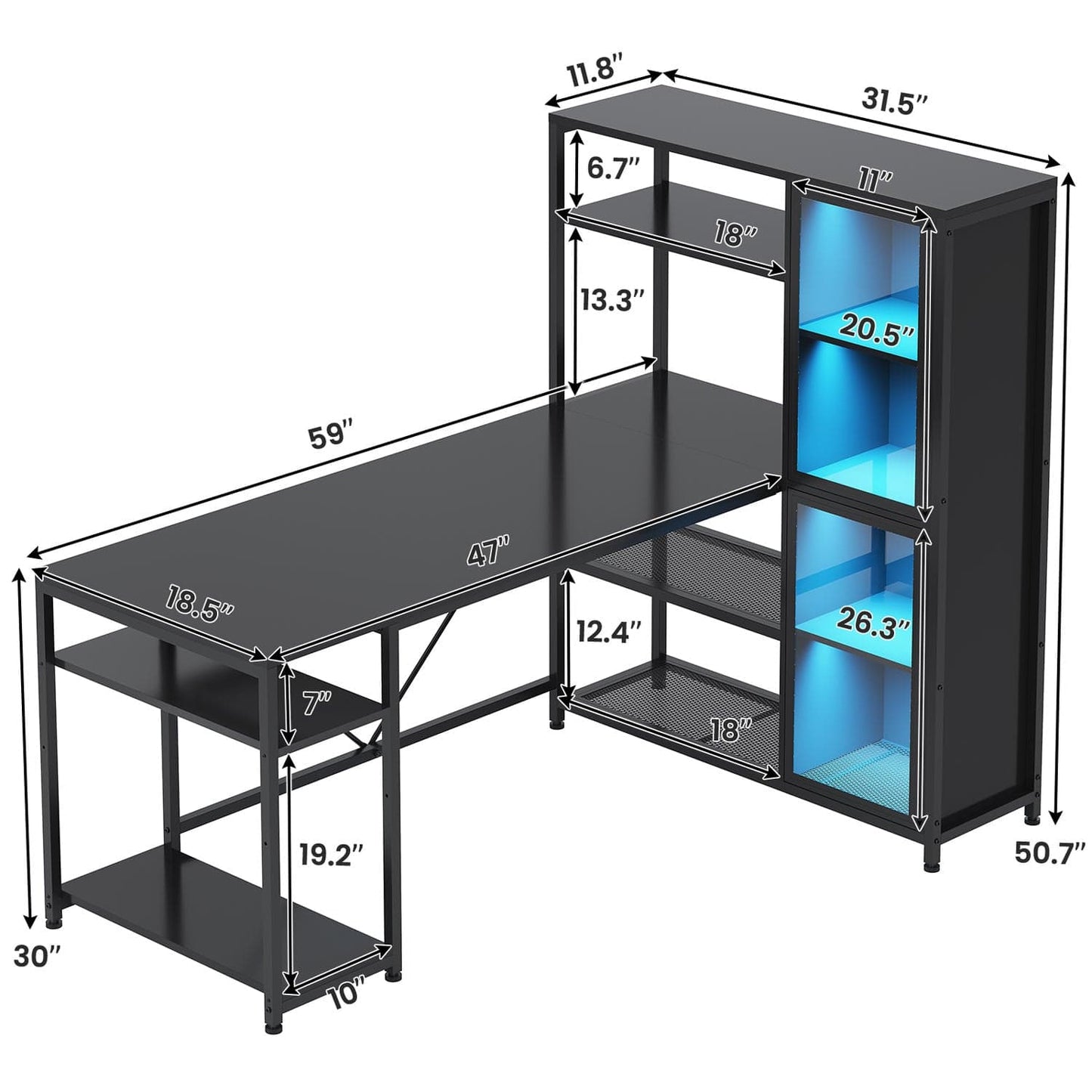 59 Inches LED L Shaped Gaming Desk with Storage Shelves Black