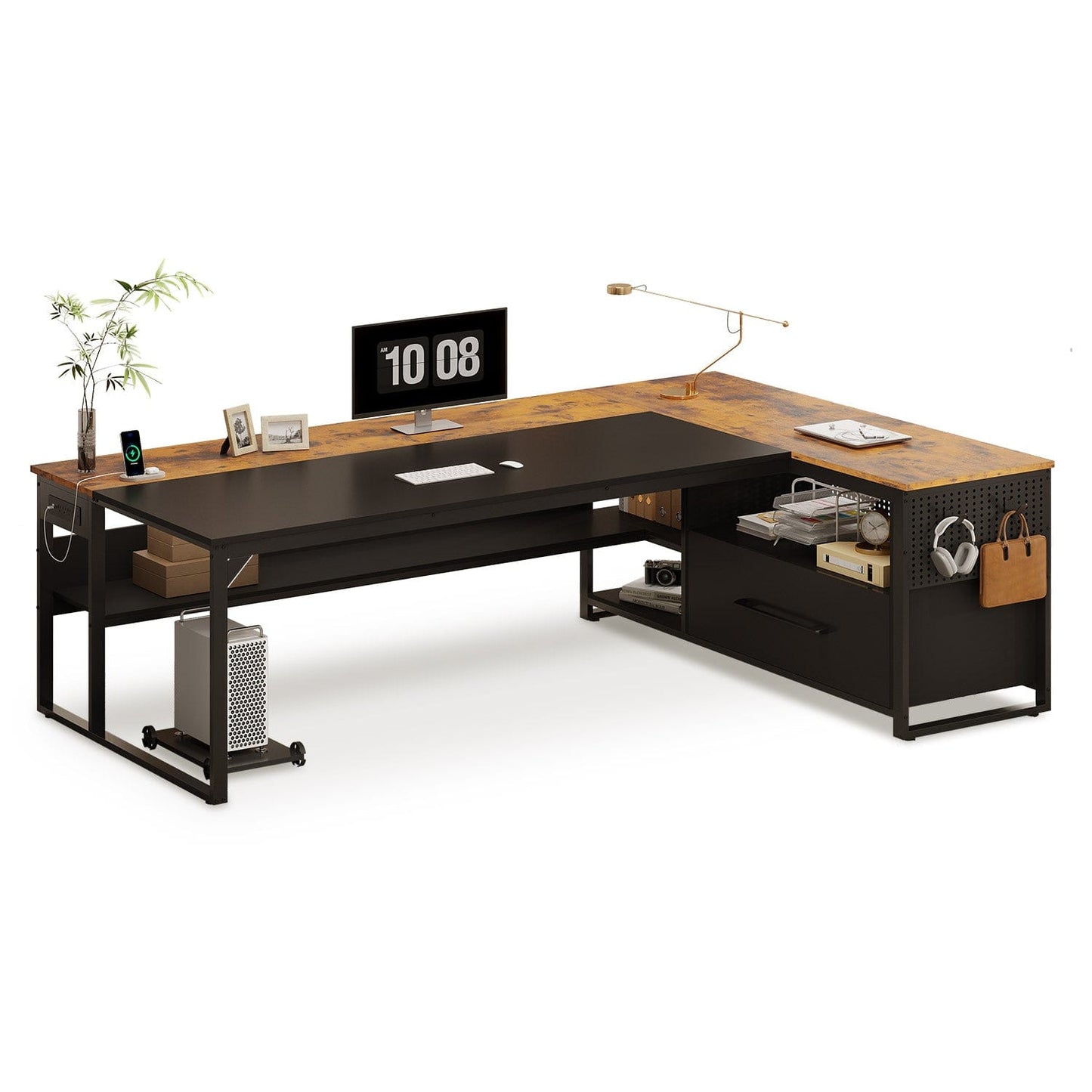 71 in Reversible L Shaped Executive Desk with Widen File Drawers and Power Outlets Brown