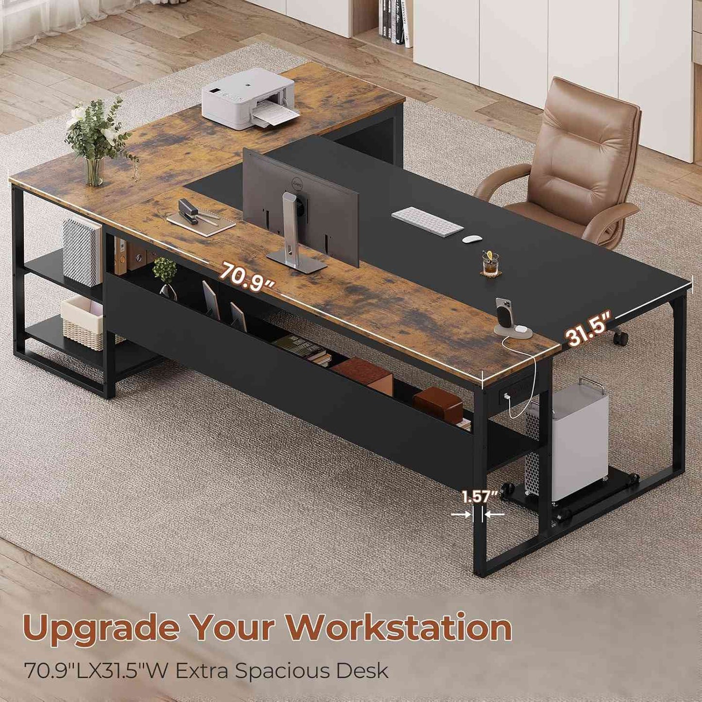 71 in Reversible L Shaped Executive Desk with Widen File Drawers and Power Outlets Brown