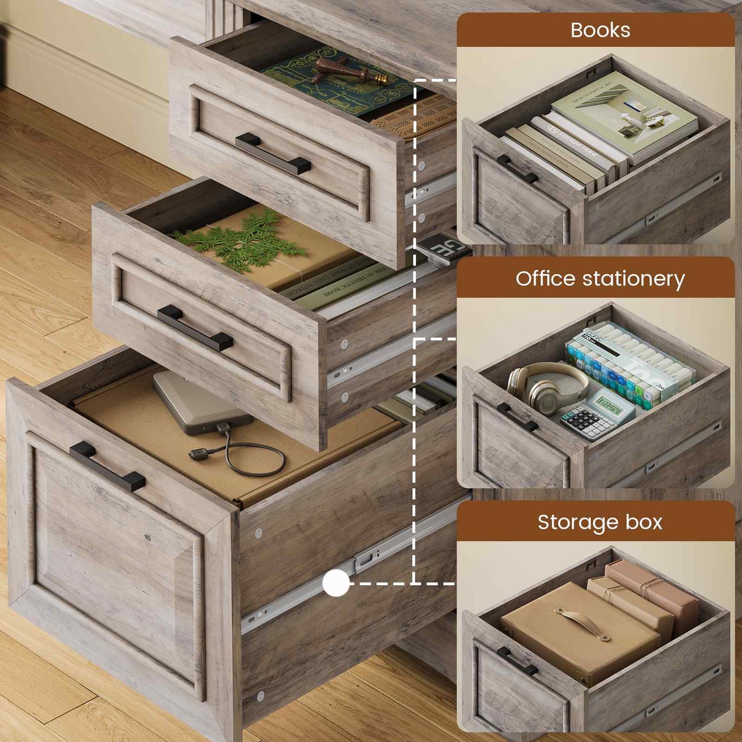 55 Inches Computer Desk with Power Outlet and 3 Storage Drawers Grey