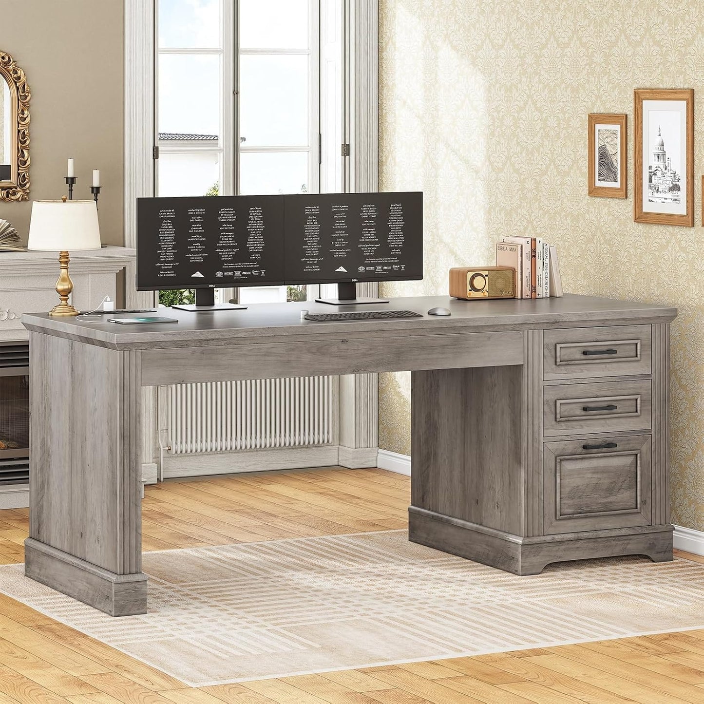 55 Inches Computer Desk with Power Outlet and 3 Storage Drawers Grey