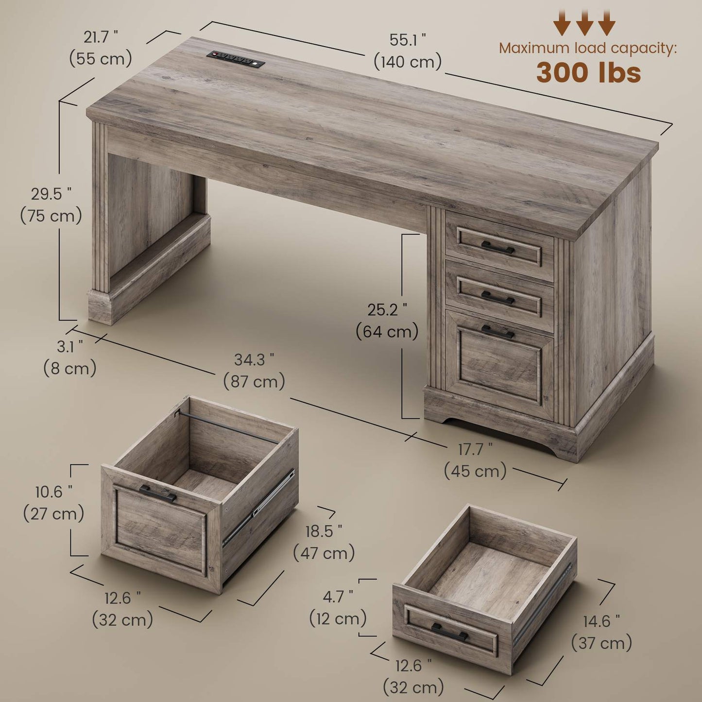 55 Inches Computer Desk with Power Outlet and 3 Storage Drawers Grey