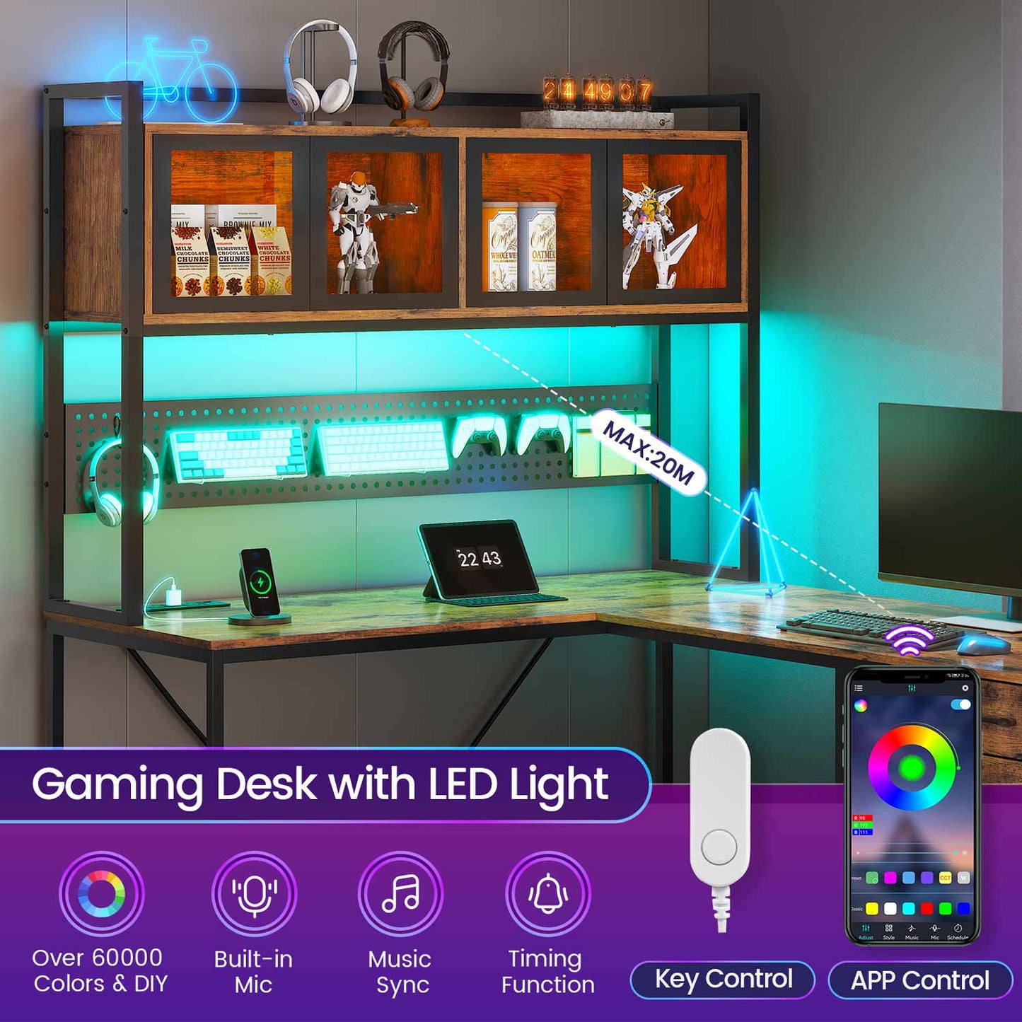 62 Inches LED Reversible L Shaped Gaming Desk Brown