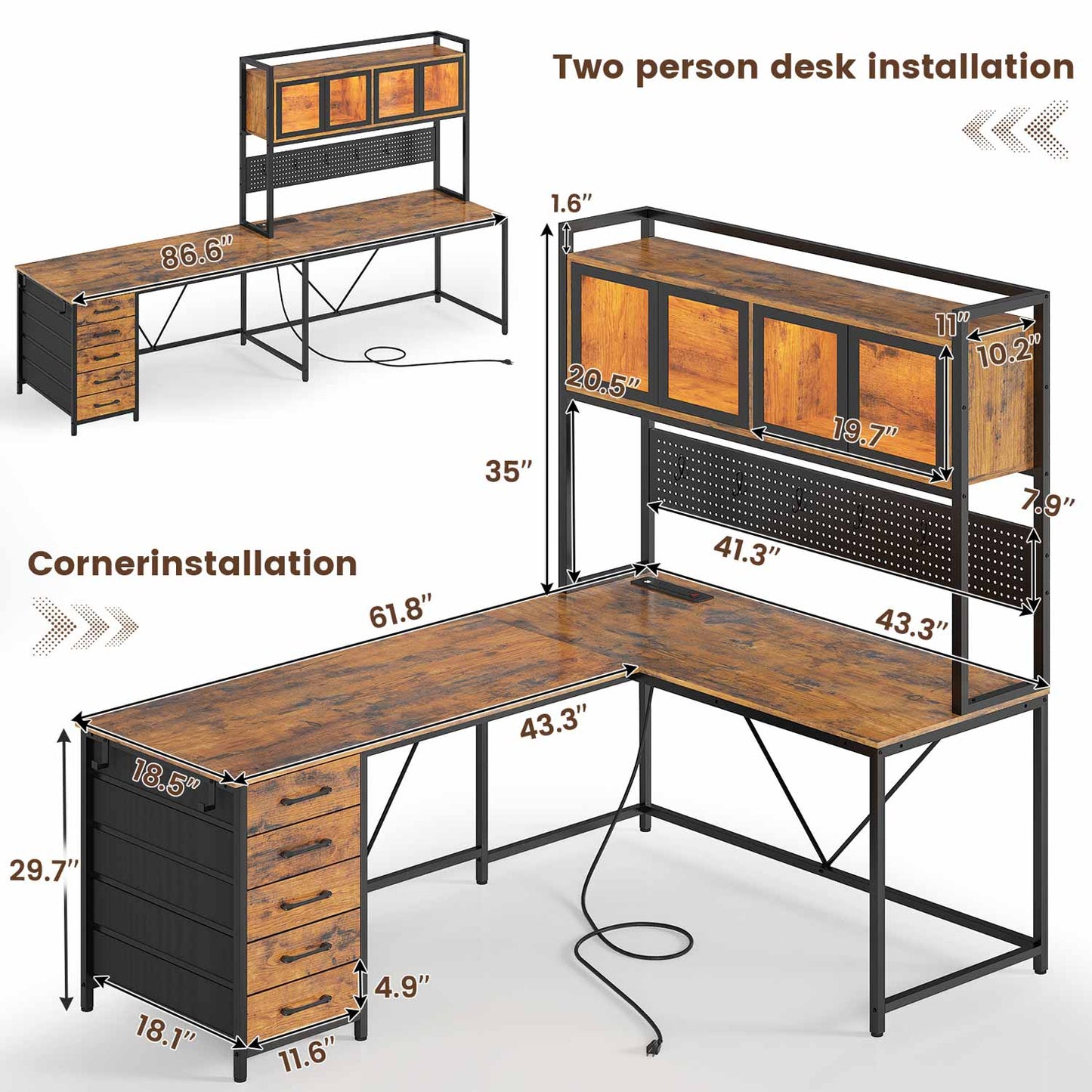 62 Inches LED Reversible L Shaped Gaming Desk Brown