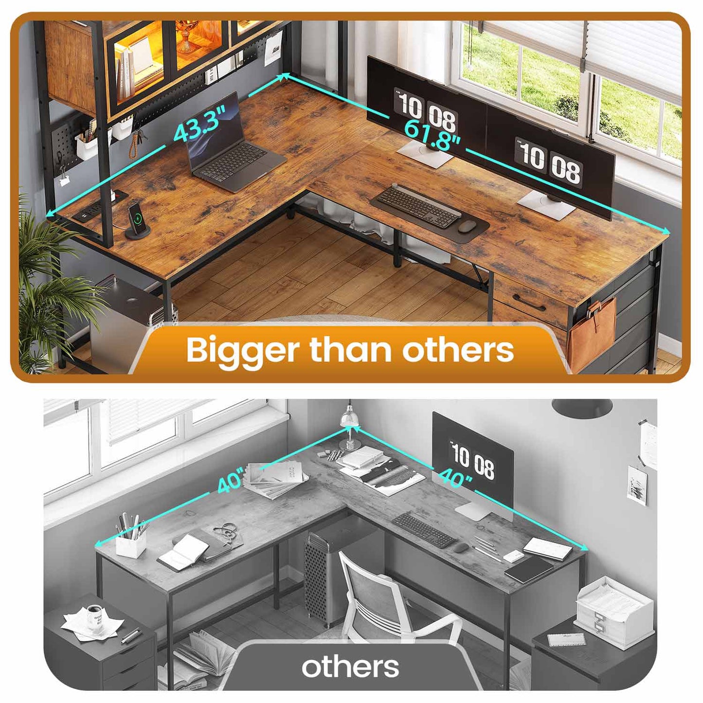 62 Inches LED Reversible L Shaped Gaming Desk Brown