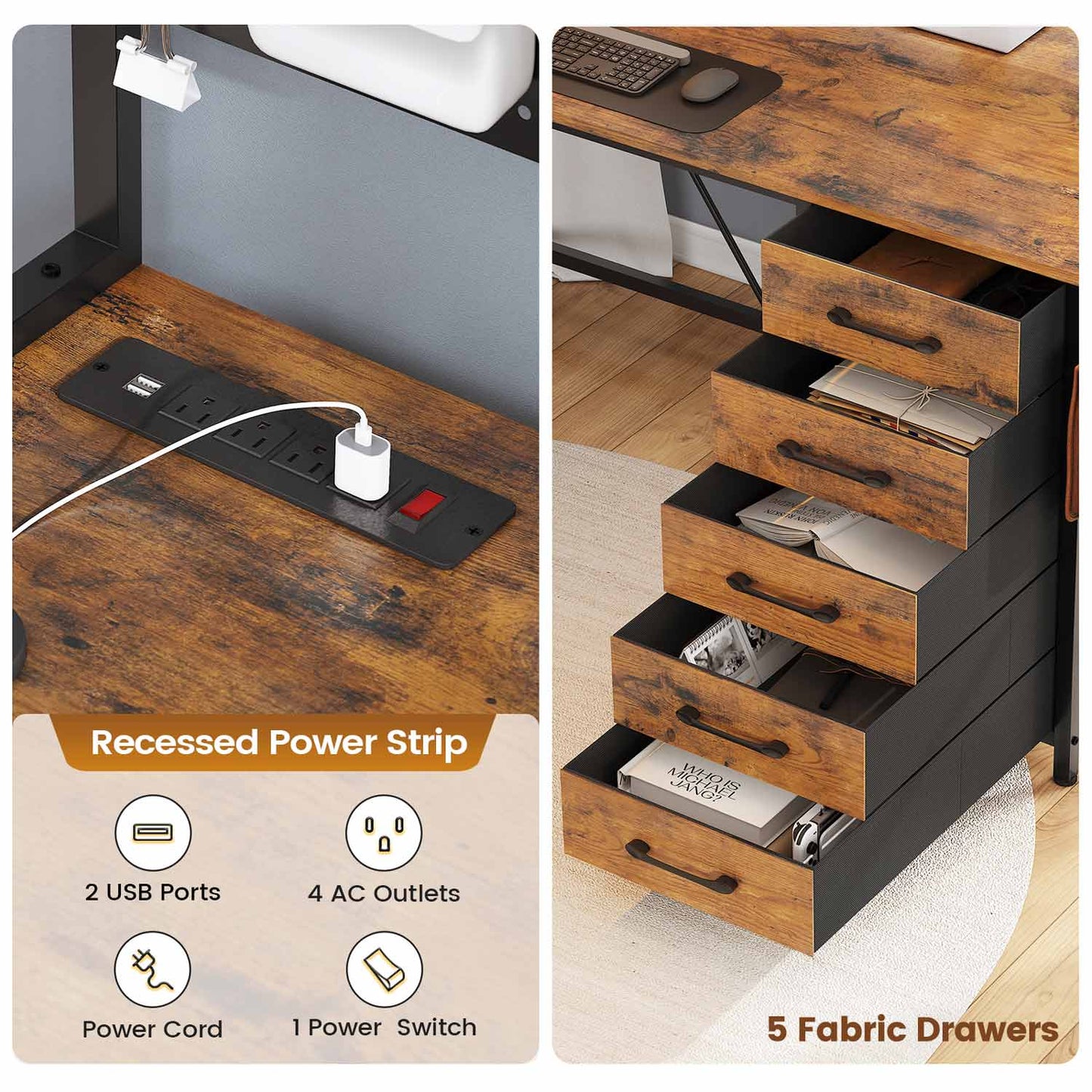 62 Inches LED Reversible L Shaped Gaming Desk Brown
