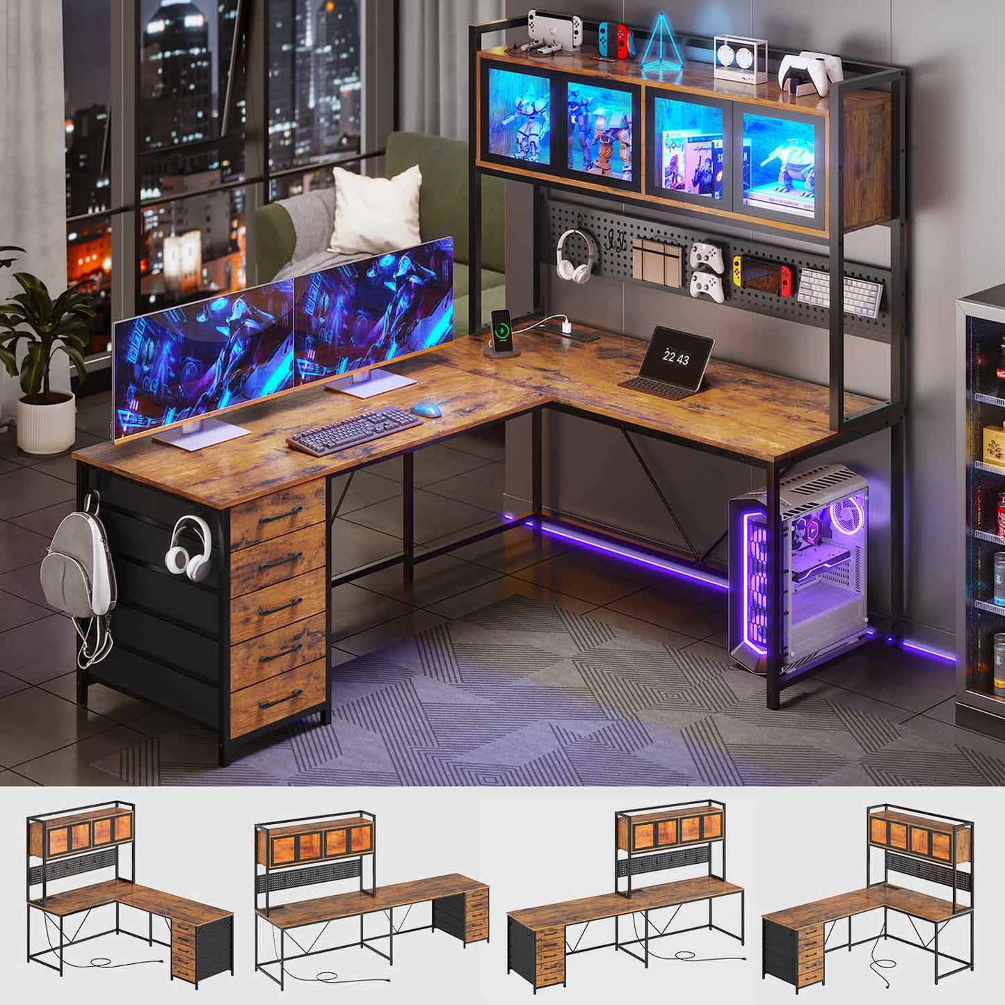 62 Inches LED Reversible L Shaped Gaming Desk Brown