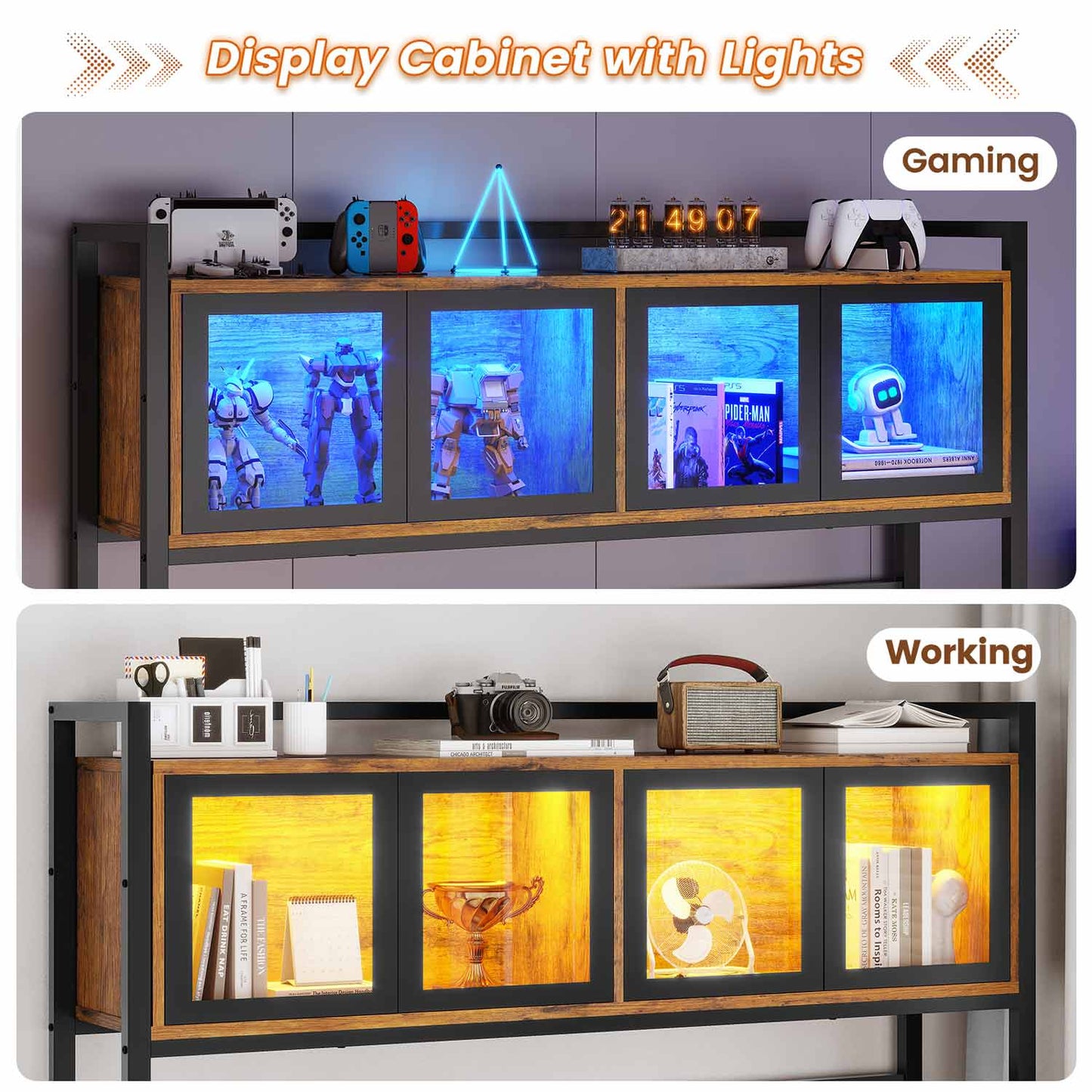 62 Inches LED Reversible L Shaped Gaming Desk Brown