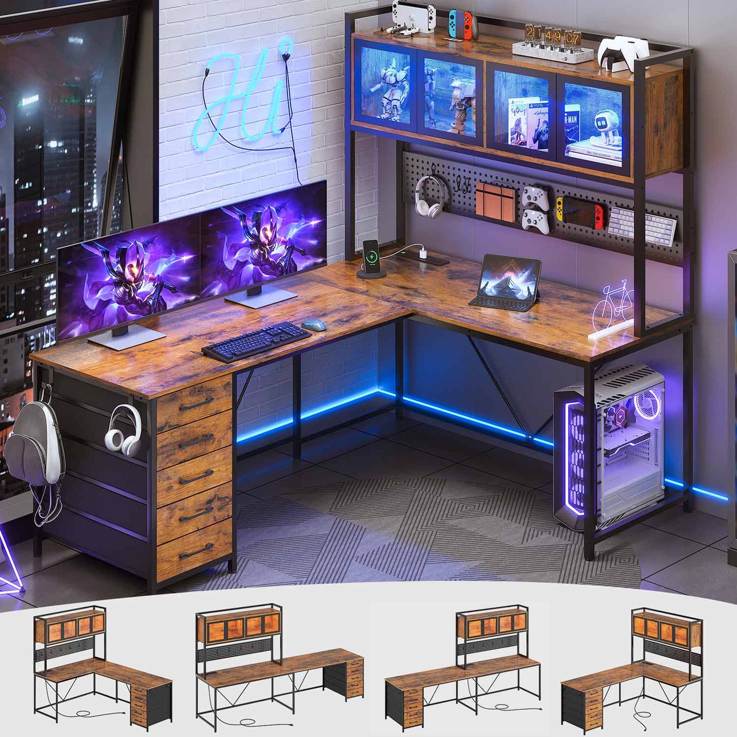 62 Inches LED Reversible L Shaped Gaming Desk Brown
