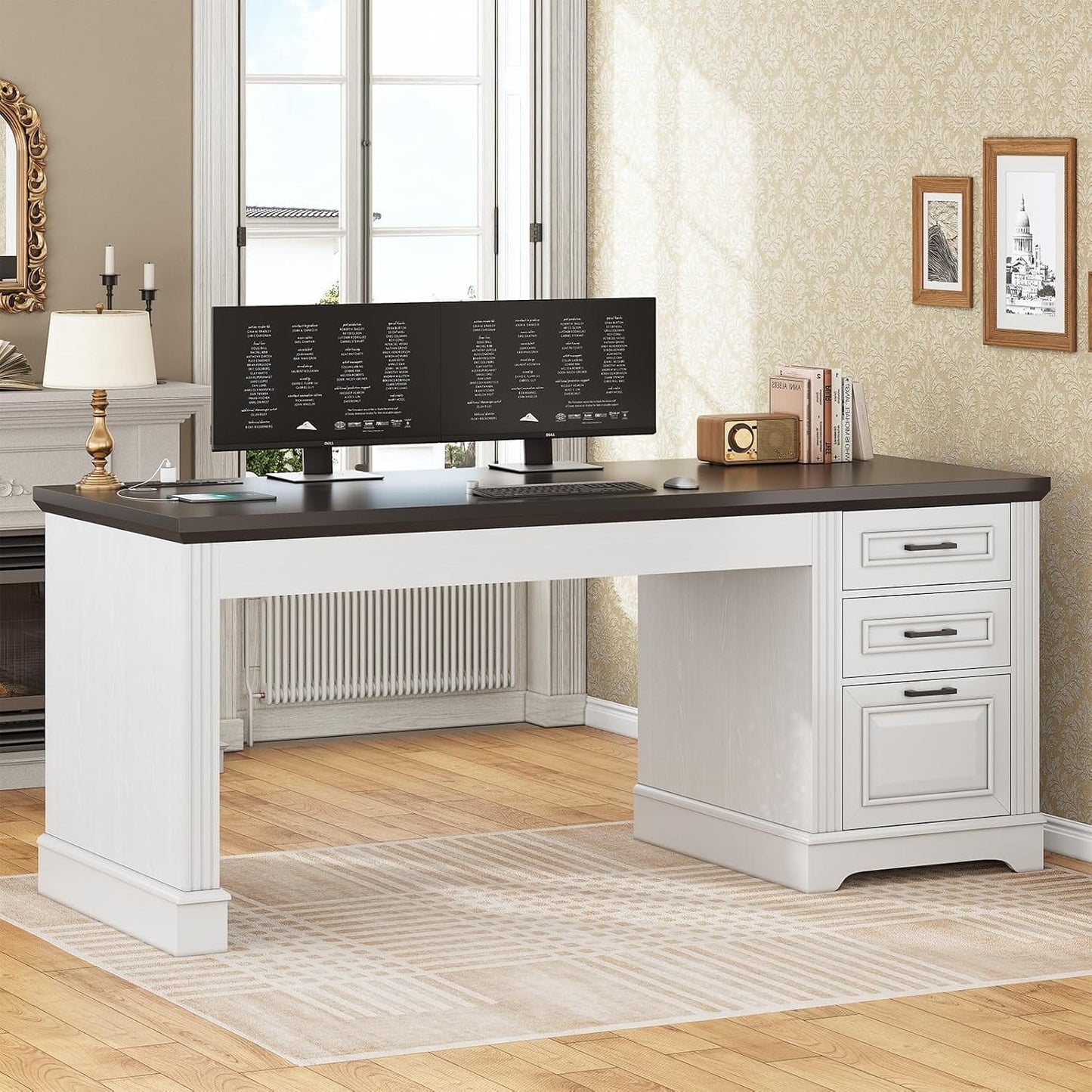 55 Inches Computer Desk with Power Outlet and 3 Storage Drawers White